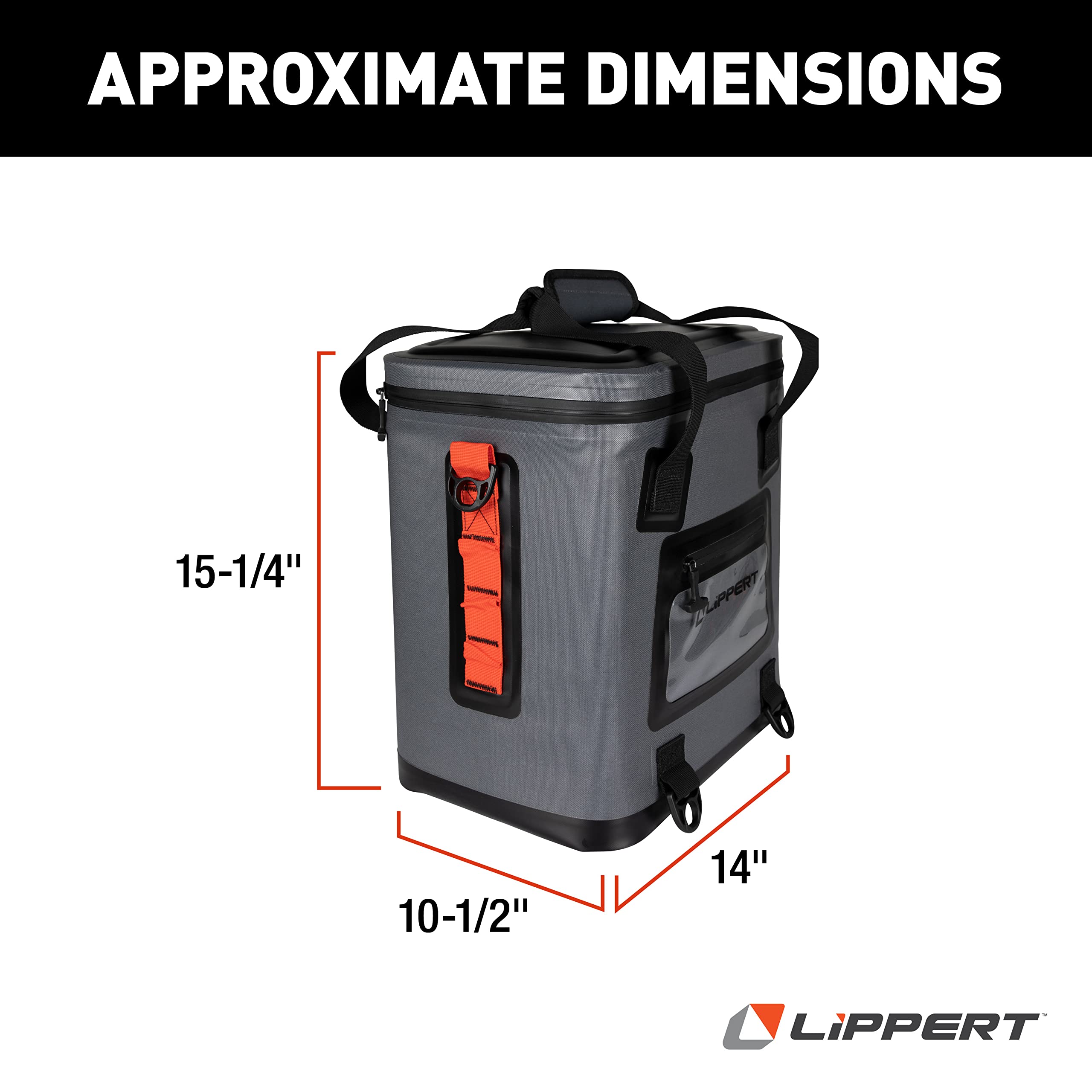 Lippert 24-Can Adventure Pro Soft Insulated Cooler Tote Bag, Up to 15 lbs. of Ice, 18 Quarts of Water, 14" x 10-1/2" x 15-1/4" Wide Mouth Opening, Padded Handle & Shoulder Strap - 2021099915