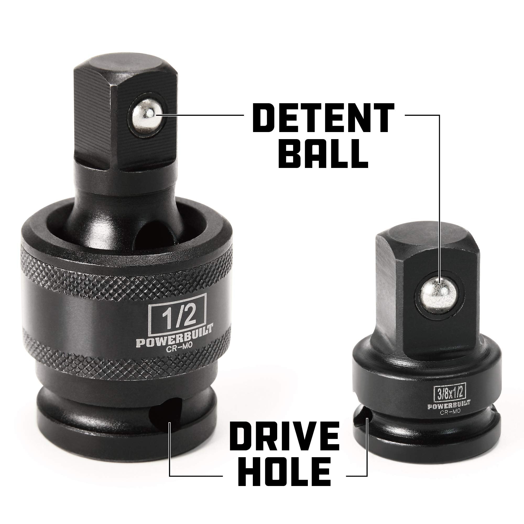 Powerbuilt 7 Piece Universal Joint and Adapter Set, Impact Socket 1/4" 3/8" 1/2" Drive, 4 Piece Adapters and 3 Piece Flexible Socket Swivel U-Joint, Chrome-Moly made - 647095