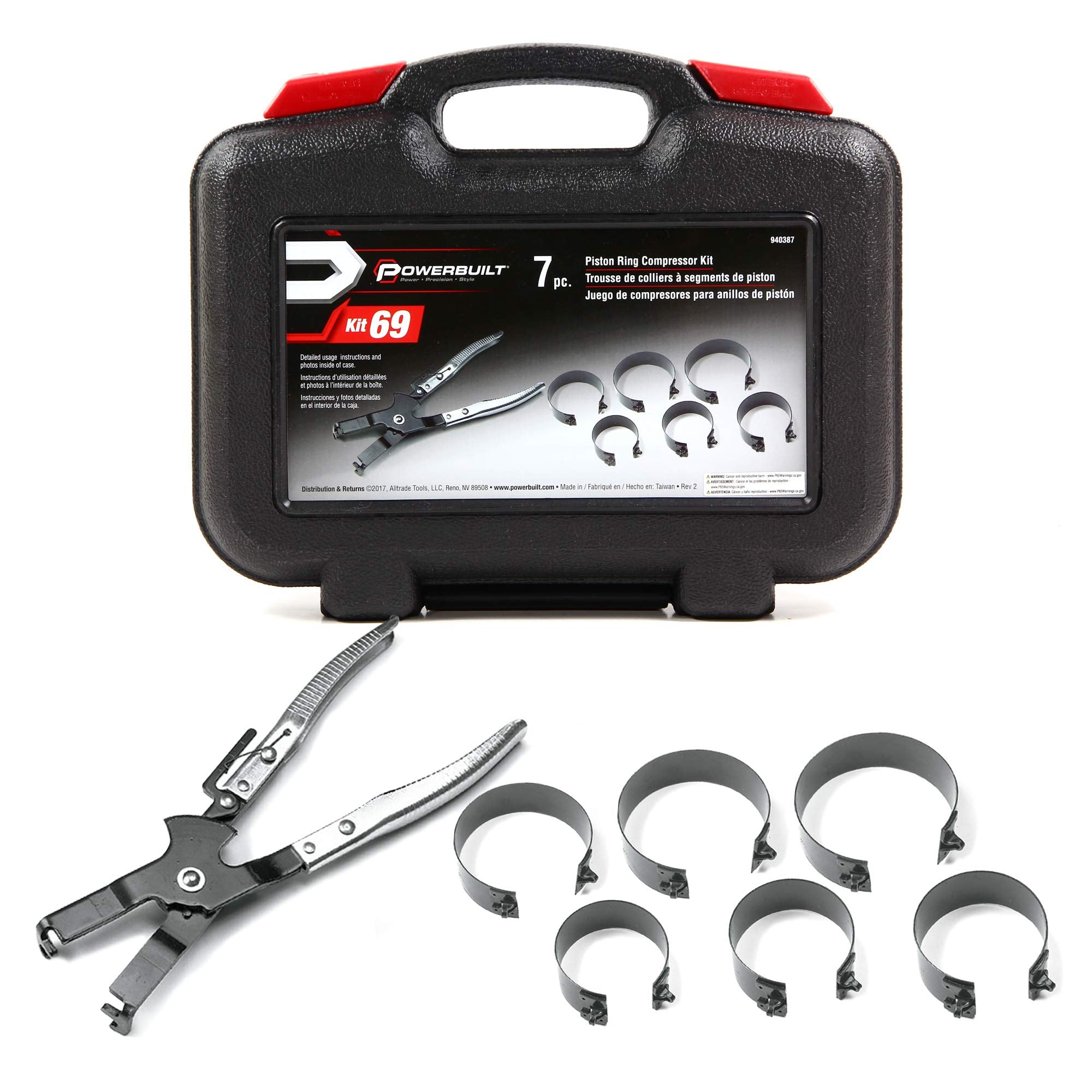 Piston Ring Compressor Tool Set Powerbuilt for Car Engine, Vehicle Maintenance Clamps, Ratchet Pliers, Storage Case - 940387