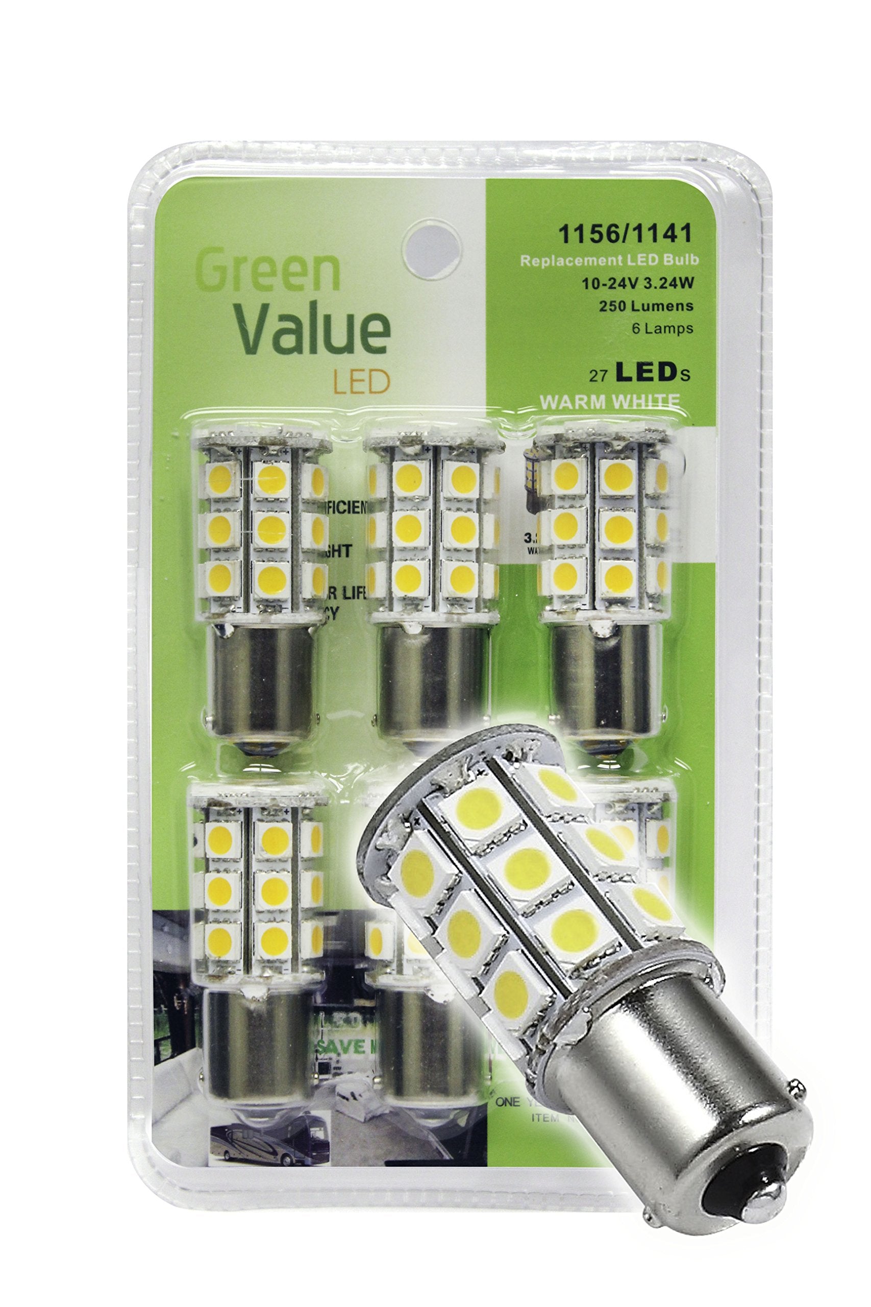 6 pk 250 LUM 1156/1141 Base LED Replacement Bulb 10-24v Warm White 25009V (total 6 bulbs)