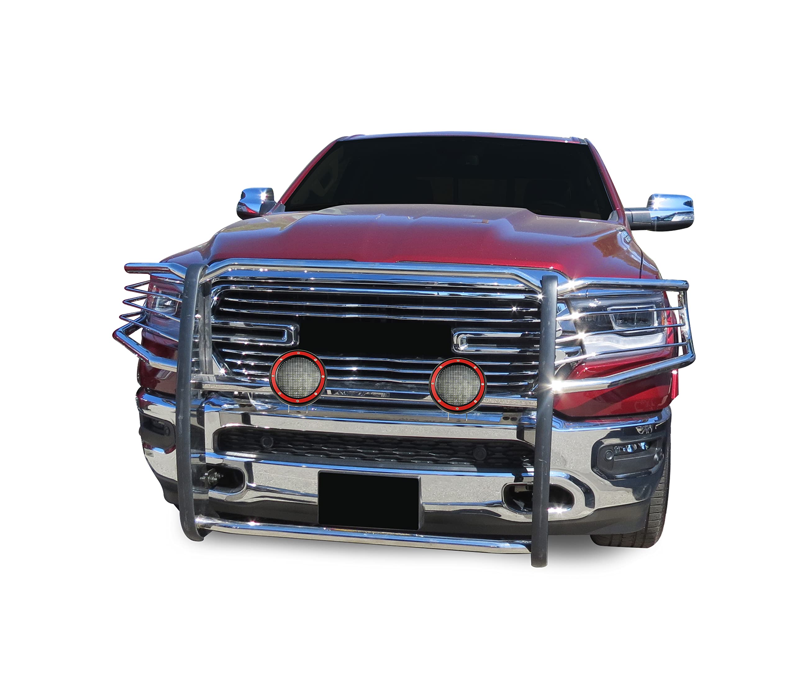 Bumper Guard Black Horse Grille Modular Stainless Steel Come with Pair of 5.3" Dia.LED Lights with Red Trim Rings Compatible with 2019-2024 Ram 1500-17DG111MSS-PLFR