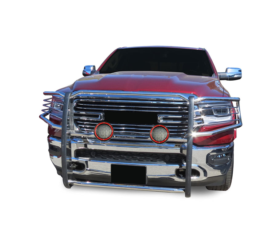 Bumper Guard Black Horse Grille Modular Stainless Steel Come with Pair of 5.3" Dia.LED Lights with Red Trim Rings Compatible with 2019-2024 Ram 1500-17DG111MSS-PLFR