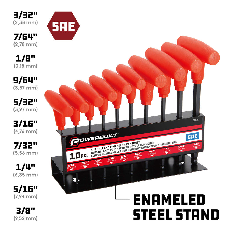 T-Handle Powerbuilt Hex Key Set, 10 Piece SAE Tools for Hex Head Cap Screws or Allen Head Bolts, Storage Rack - 940201