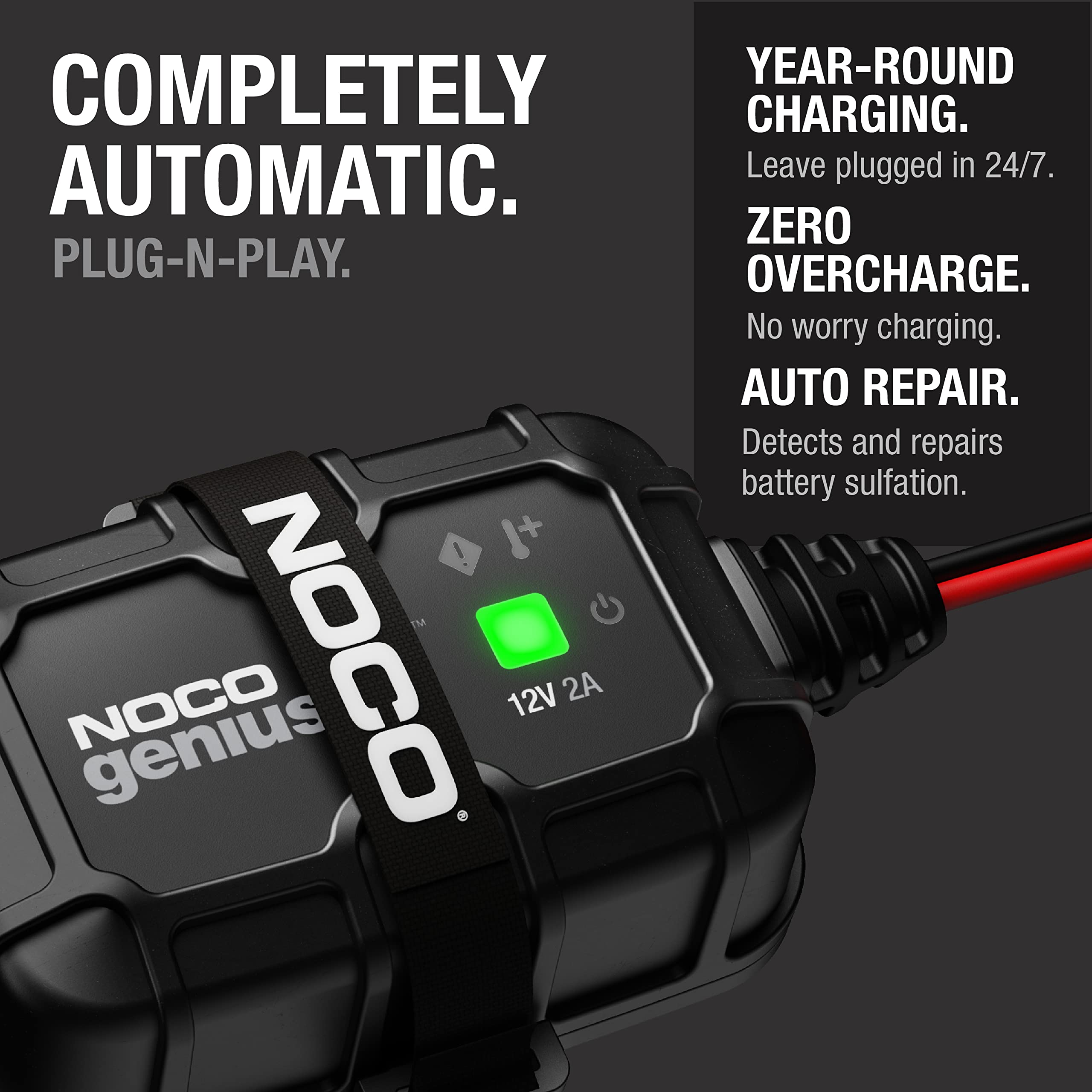 GENIUS2D NOCO: 2A 12V Smart Onboard Battery Charger - Direct-Mount Automatic Maintainer, Trickle Charger & Desulfator with Overcharge Protection & Temperature Compensation – for Lead-Acid Batteries