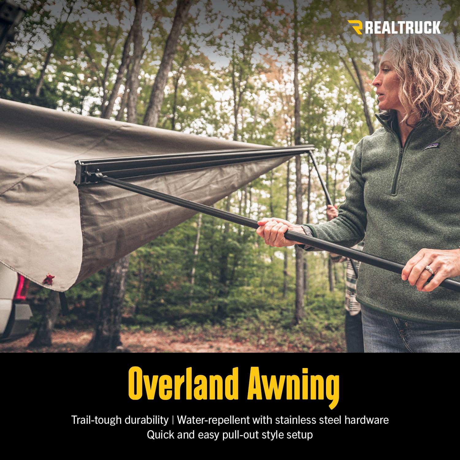 Overland Awning RealTruck | 6.5' Wide x 8.2' Deep, Telescoping Aluminum Support Posts, Mounts to Universal T-Slot Channel, Quick & Easy Setup | OL-103