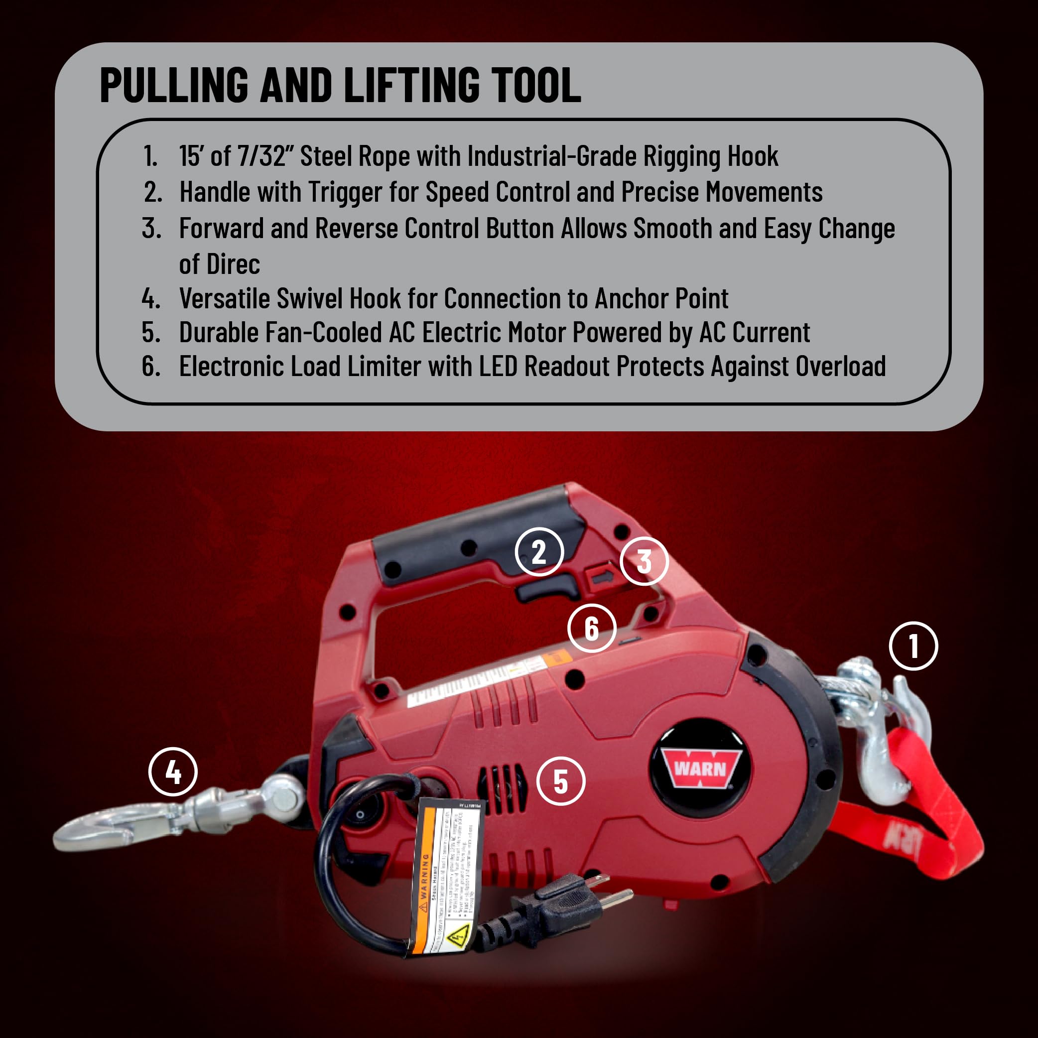 PullzAll WARN 885001 Corded 120V AC Portable Electric Winch with Steel Cable and Swiveling Anchor Hook for Hoisting an Engine Block: 1,000 lb (1/2 Ton) Pulling Capacity, Variable Speed Control.