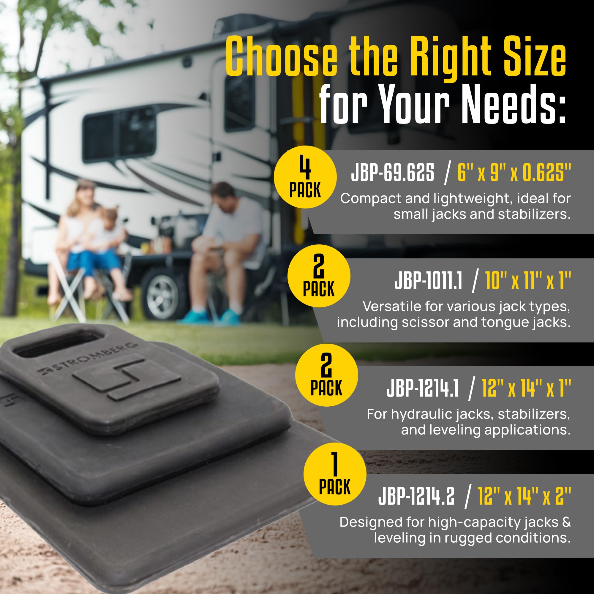 Stromberg Carlson RV Base Pads – Heavy Duty JBP-69.625 Trailer Jack Base, Leveling Stabilizer Pad, Landing Gear Support, EPDM Pads for Motorhomes – 6" x 9" x 0.625", Pack of 4, Black