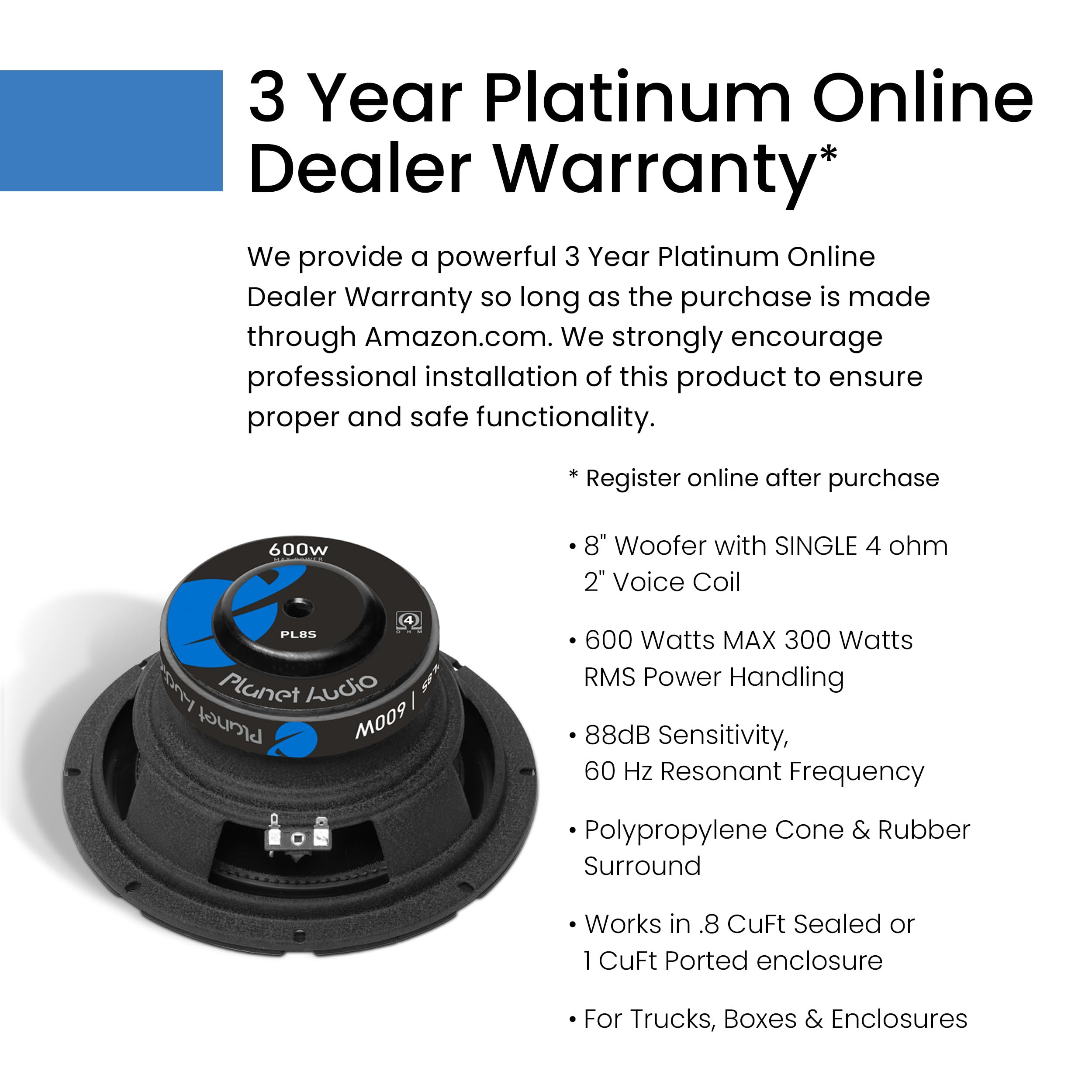 Planet Audio Anarchy Series PL8S 8 Inch Car Subwoofer - 600 Watts Max, Single 4 Ohm Voice Coil, Sold Individually, Hook Up to Amp
