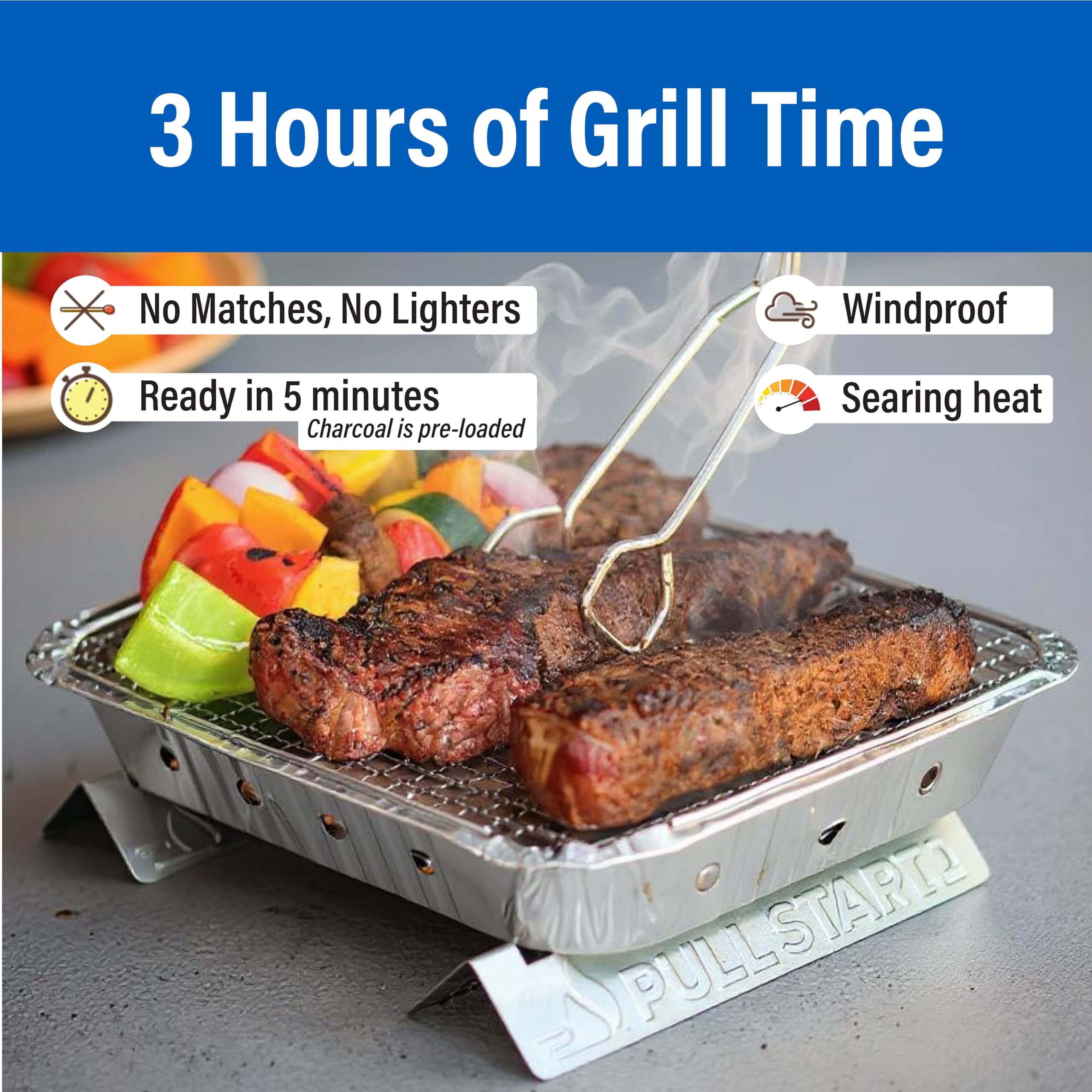 Fire Grill Pull Start | Portable Disposable Charcoal BBQ with Pull Start Matchless Ignition | Ready in 5 Min, 3 Hour Burn | Camping, Tailgating, Outdoor Cooking, No Cleanup Needed
