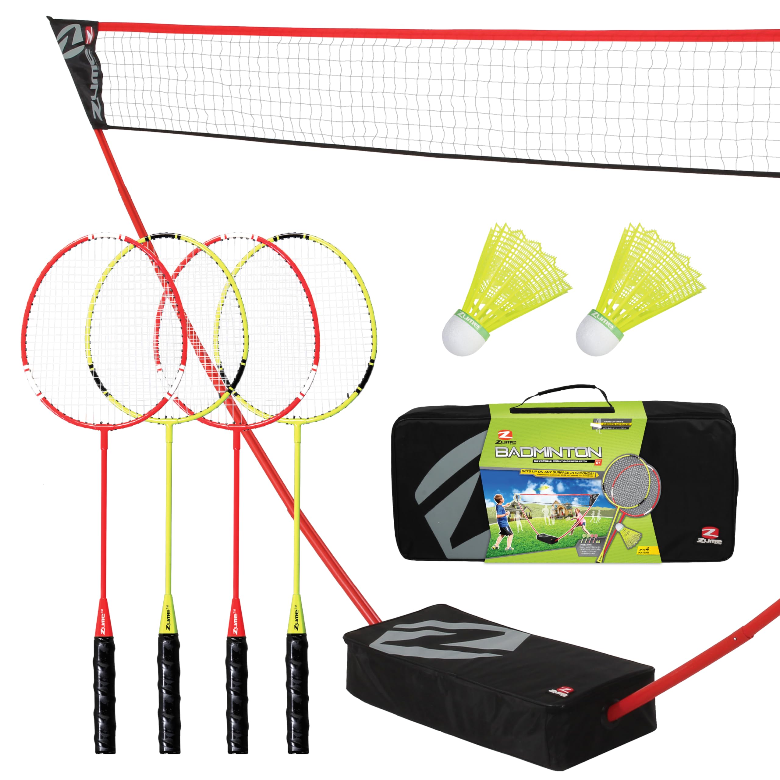 Zume Games Badminton Set Portable with Net, 4 Rackets, Shuttlecocks & Carrying Case – Outdoor Lawn Game for Backyard, Beach, or Park – Easy Setup, No Tools Required