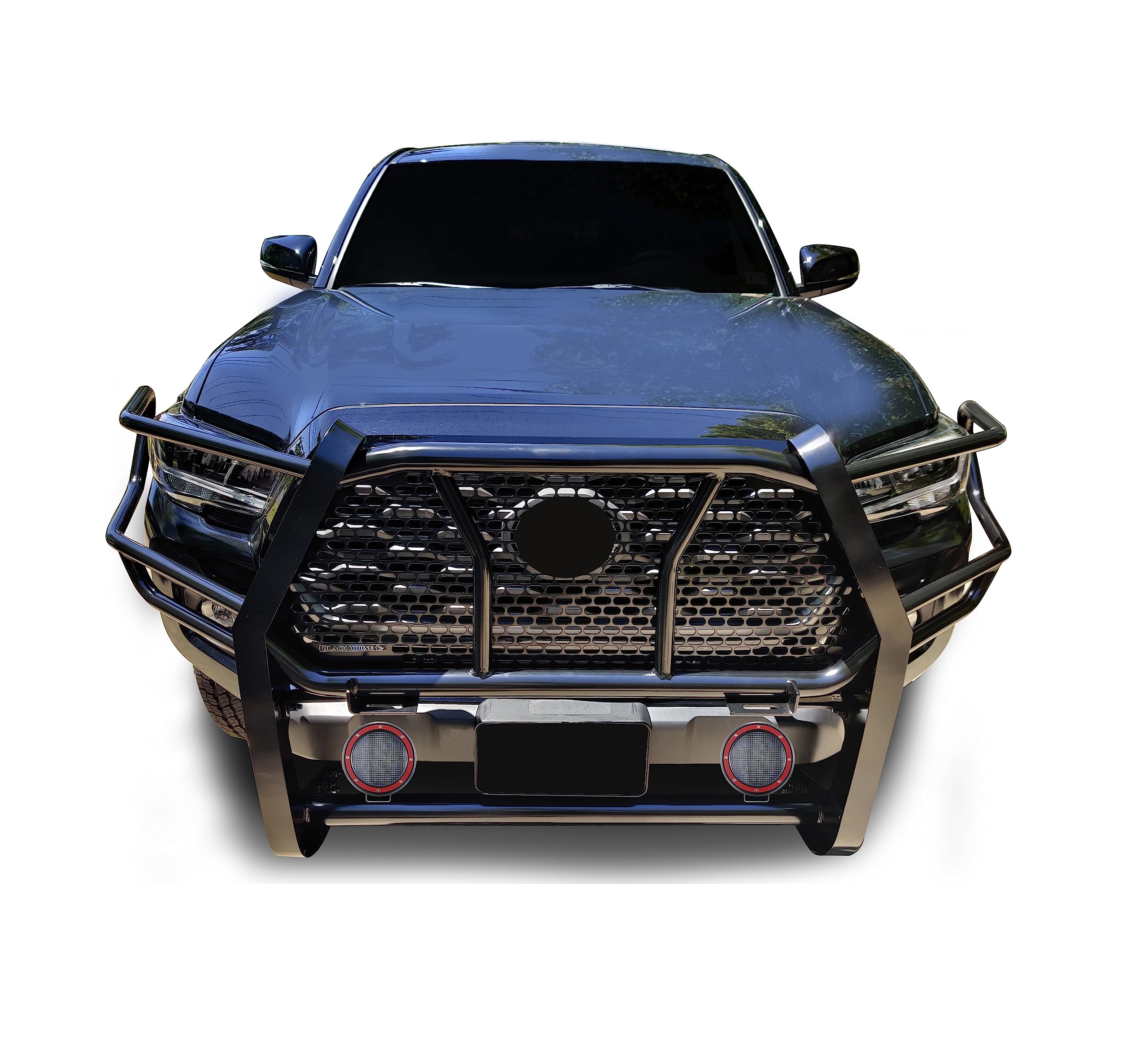 Heavy Duty Black Horse Rugged Grille Brush Bumper Guard Modular Black Come with Pair of 5.3" Dia.LED Lights with Red Trim Rings Compatible with 2016-2023 Toyota Tacoma-RU-TOTA16-B-PLFR