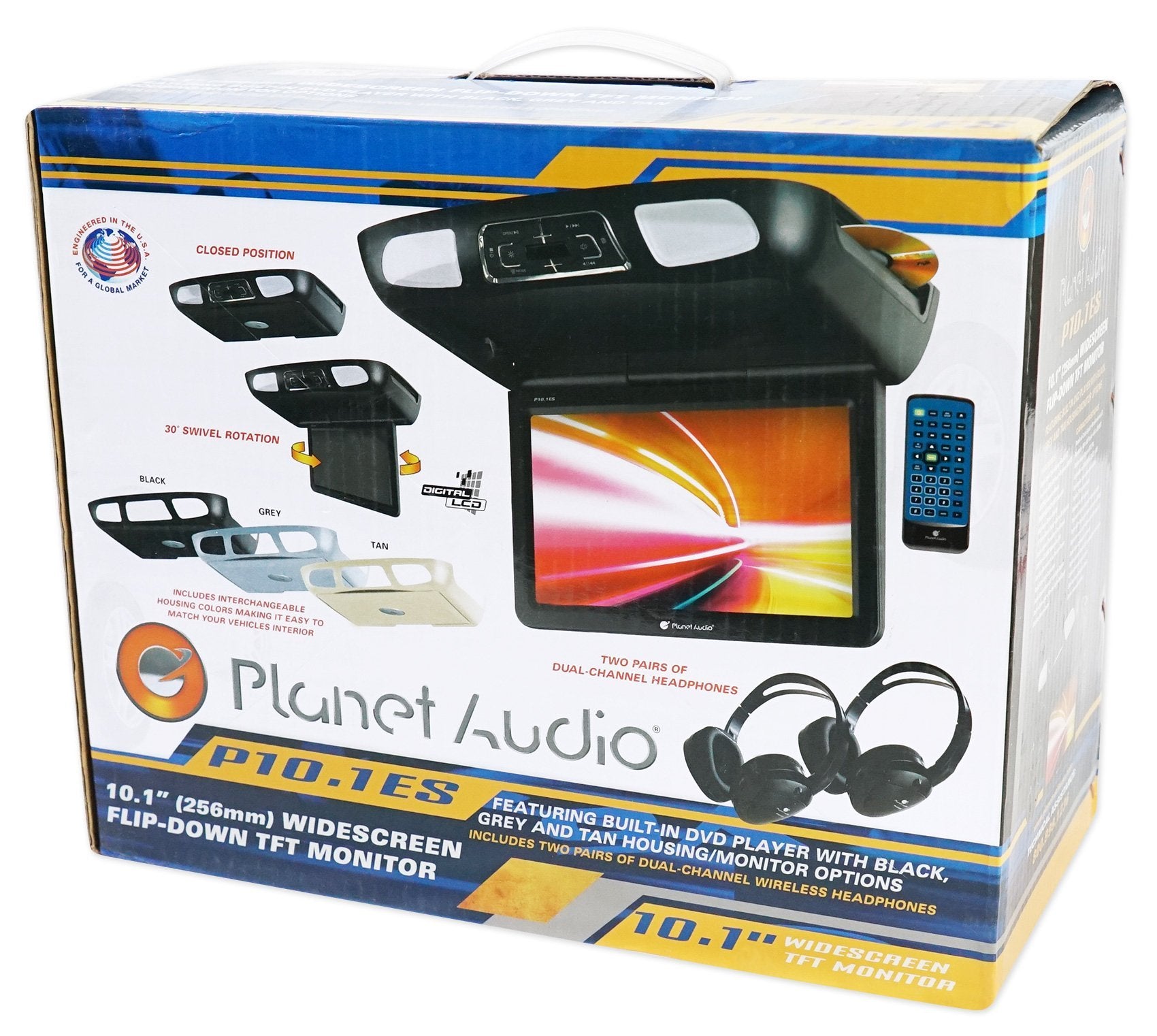 Car Roof-Mount Monitor and DVD Player Planet Audio P10.1ES - 10.1 Inch LCD, Widescreen, Flip-Down, FM Transmitter, IR Transmitter, Speakers, Dome Light, Interchangeable Black/Gray/Tan Housings