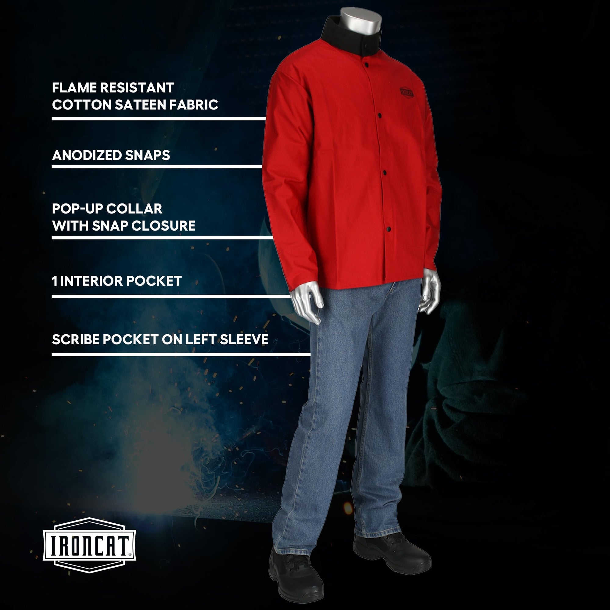 FR Treated Ironcat Cotton Sateen Jacket, 9 oz., Anodized Snaps, Interior Pocket, Pop-up Welders Collar, Scribe Pocket, Red, 2X-Large (7050R/2XL)