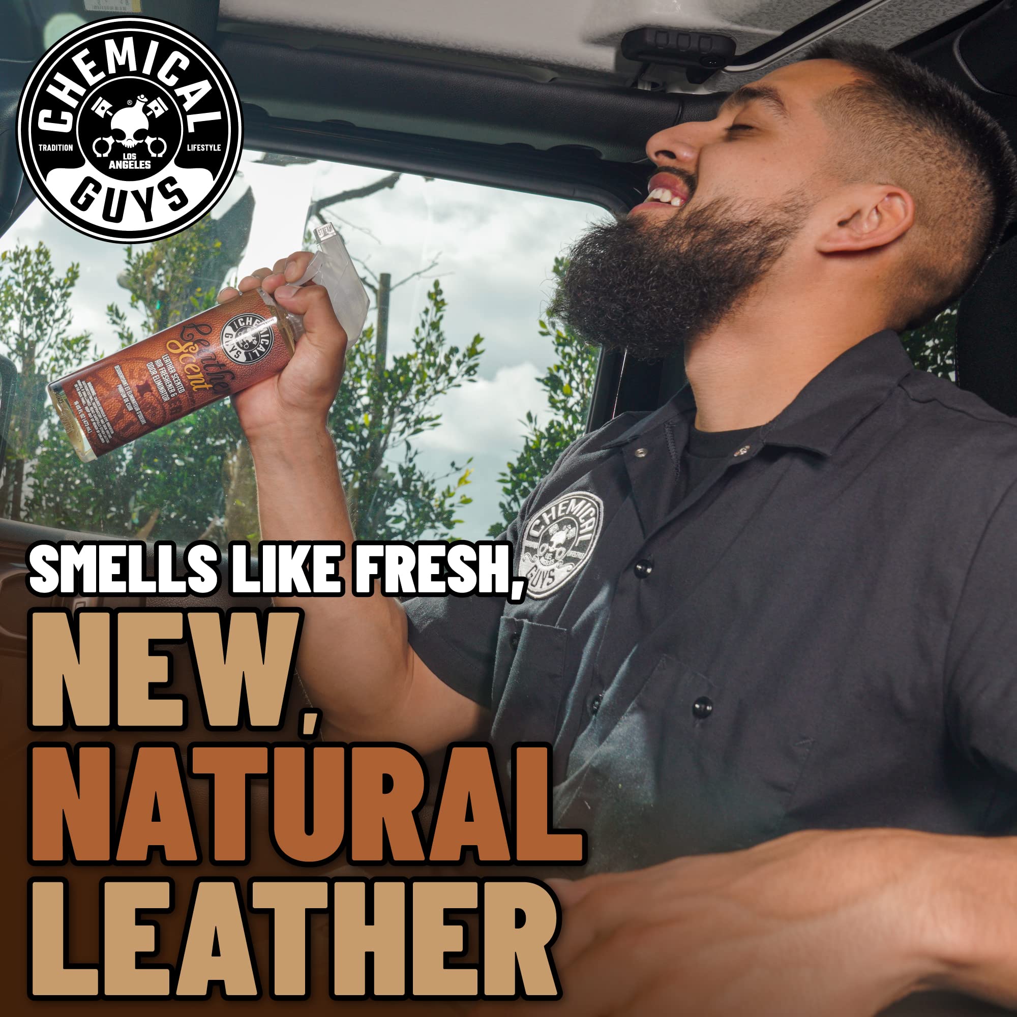 Leather Scent Chemical Guys Premium Air Freshener & Odor Eliminator – Car Air Freshener Leather Scent– Eliminates Odors and Refreshes Cars, Trucks, SUVs and RVs, 16 oz