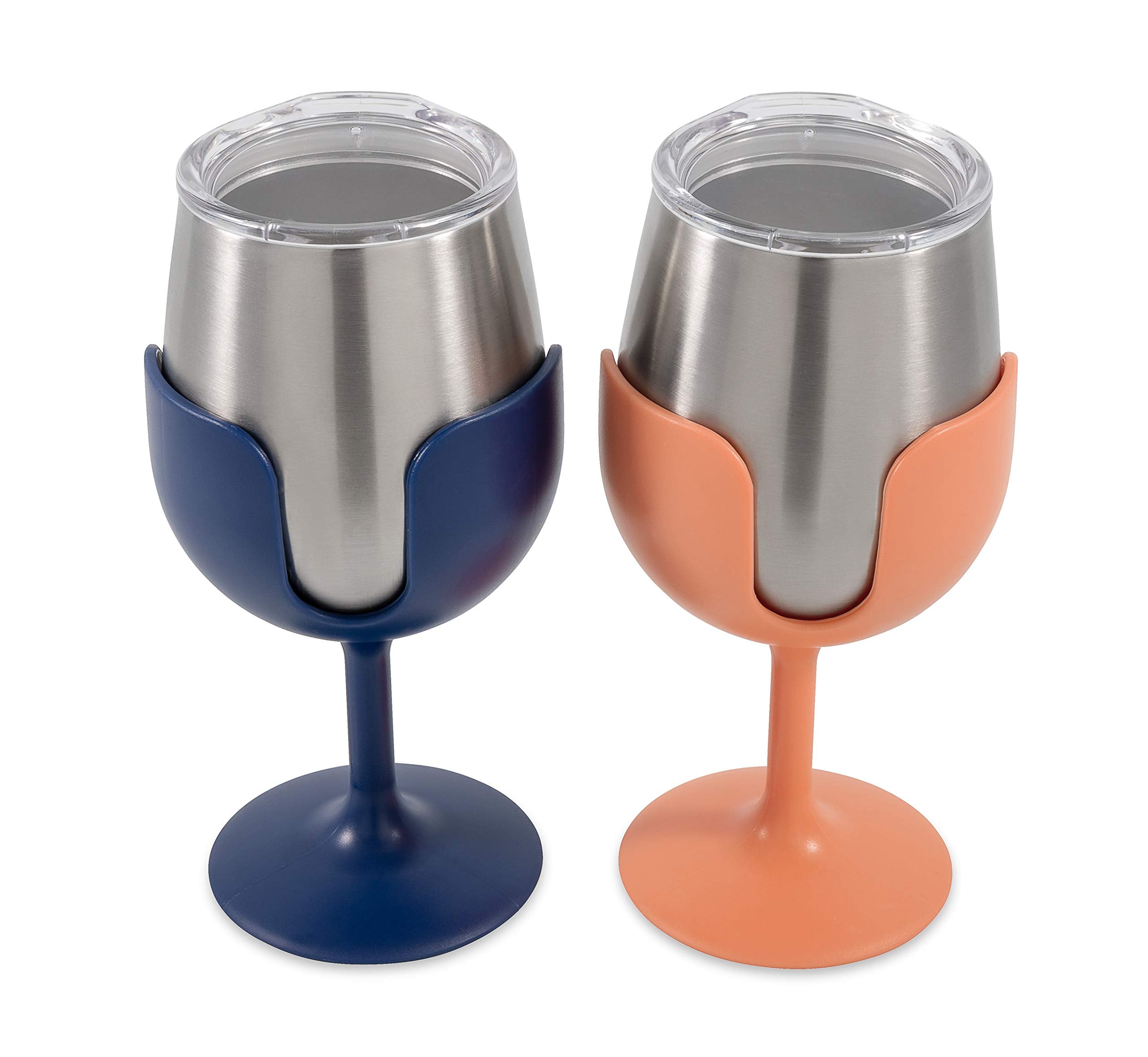 Camco Wine Tumbler Life is Better at The Campsite | Heavy Duty Double Wall Vacuum Insulation | Crafted of 18/8 Stainless Steel | Features Removable Navy & Peach Stems | 2-Pk, 8-oz/Each (51917)