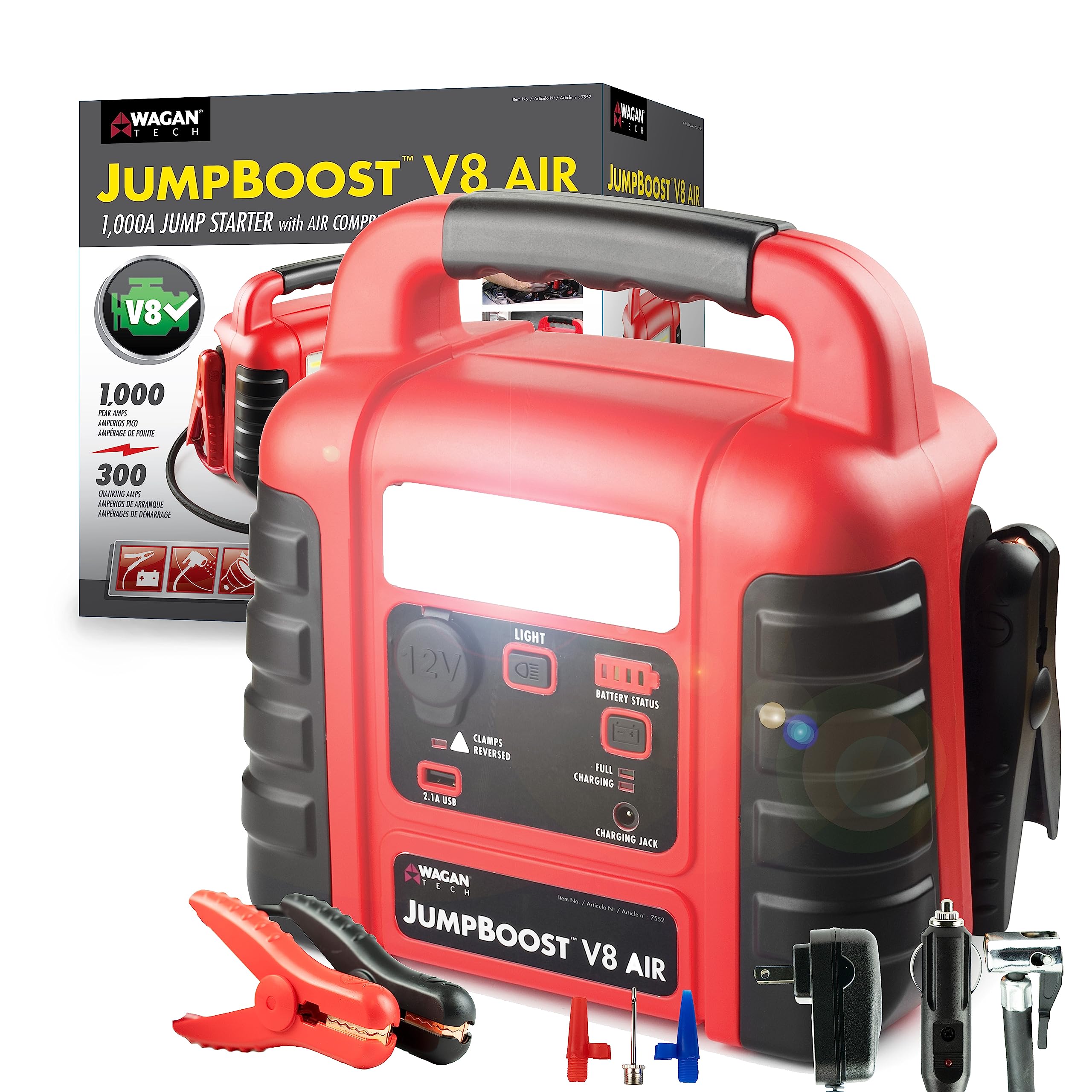 Wagan Jumpboost EL7552 V10 Air 1000 Peak Amps 12V Jump Starter with 260 PSI Powerful Air Compressor Tire Inflator, 1 Built-in DC Socket and 2A USB Port, Work Light