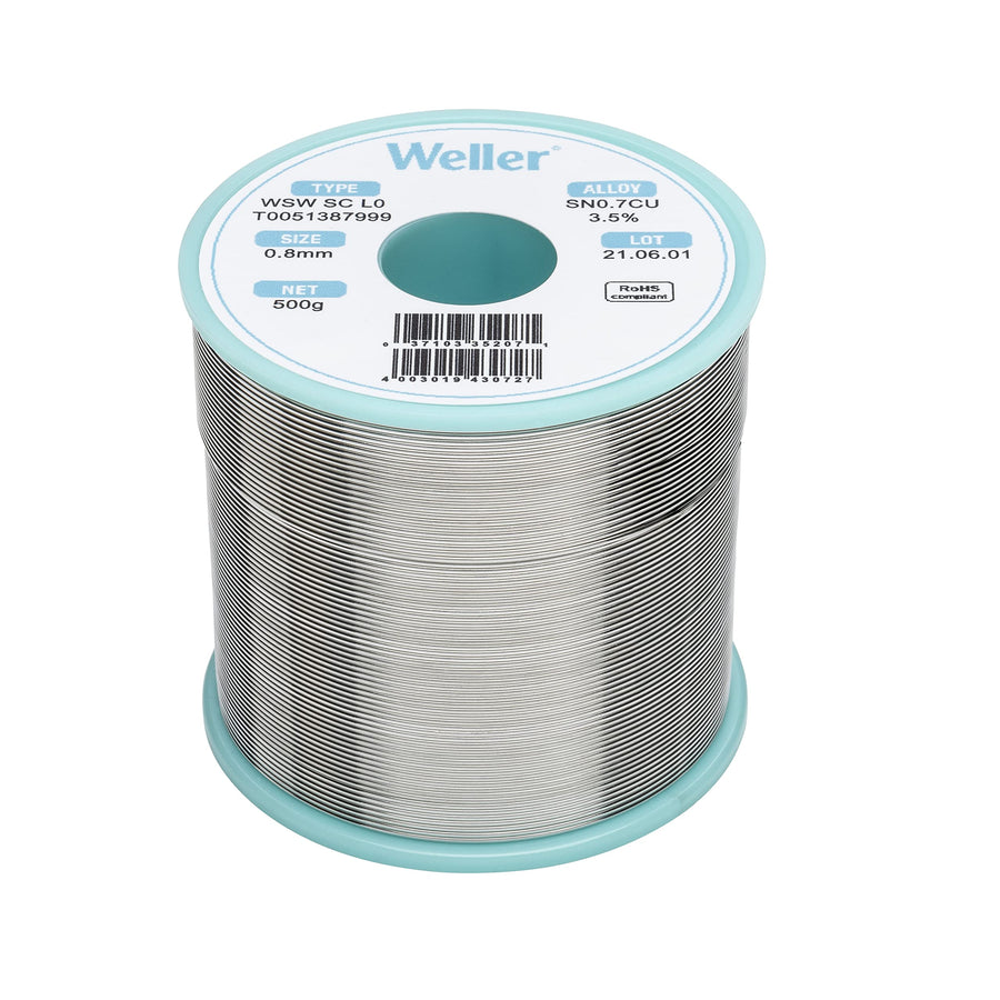 Weller Lead Free Solder Wire WSW SC L0 (T0051387999), Dia: 0.8 mm / 0.039 in, Wt: 500 g / 17.637 oz, Alloy Sn99.3Cu0.7, Flux content 3.5%