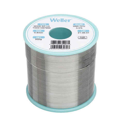 Weller Lead Free Solder Wire WSW SC L0 (T0051387999), Dia: 0.8 mm / 0.039 in, Wt: 500 g / 17.637 oz, Alloy Sn99.3Cu0.7, Flux content 3.5%