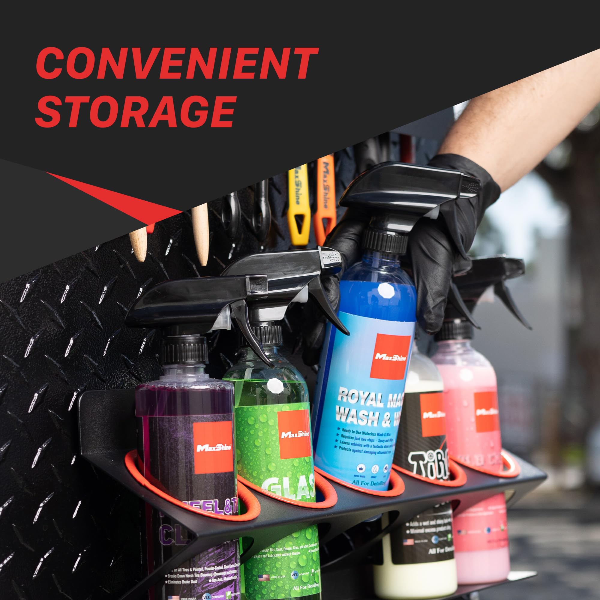 Maxshine Spray Bottle Holder Universal (16oz/34oz) - Holds 7 IK Trigger Sprayers with 3 Small Holes, Sturdy & Lightweight Wall-Mounted Organizer for Detailing Accessories