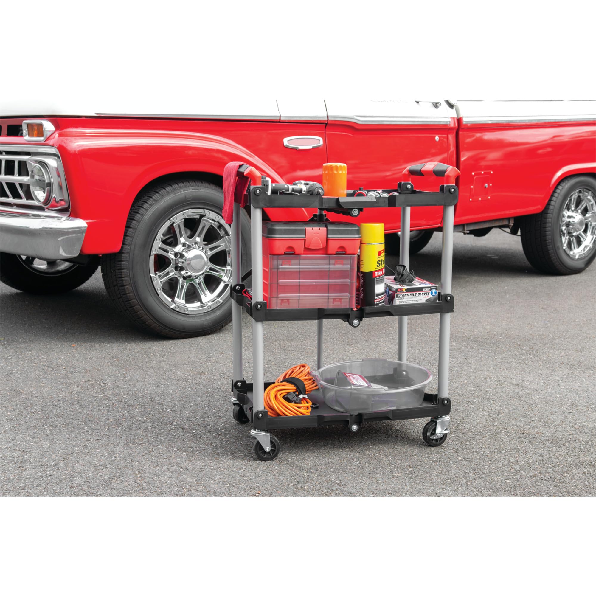 Folding Tool Cart Performance Tool W53990: 3-Shelf Rolling Cart, Collapsible, 200 lb Capacity, Aluminum Posts, Swivel Casters, No Assembly, Great for House, Home and Garage, Black