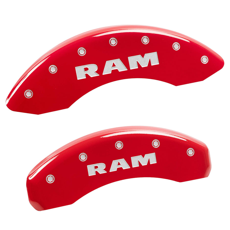 MGP Caliper Covers 'RAM' Engraved Caliper Cover with Red Powder Coat Finish and Silver Characters, 12043SRAMRD (Set of 4)