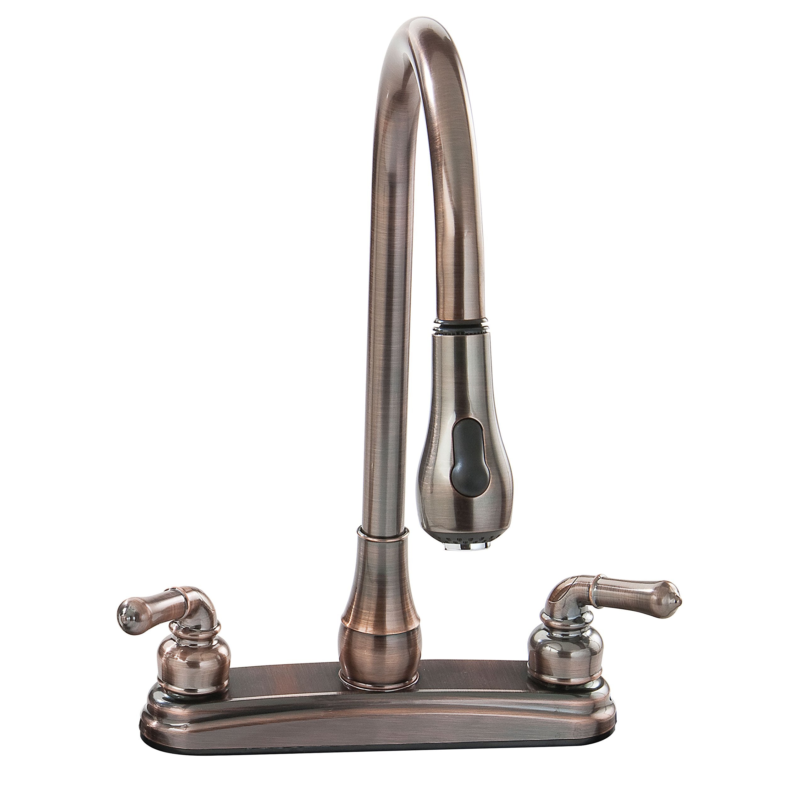 U-YOB2000B Empire Faucets 8" Non-Metallic Kitchen Faucet with Gooseneck Spout, Pull-Down Sprayer and Teapot Handles - Oil Rub Bronze