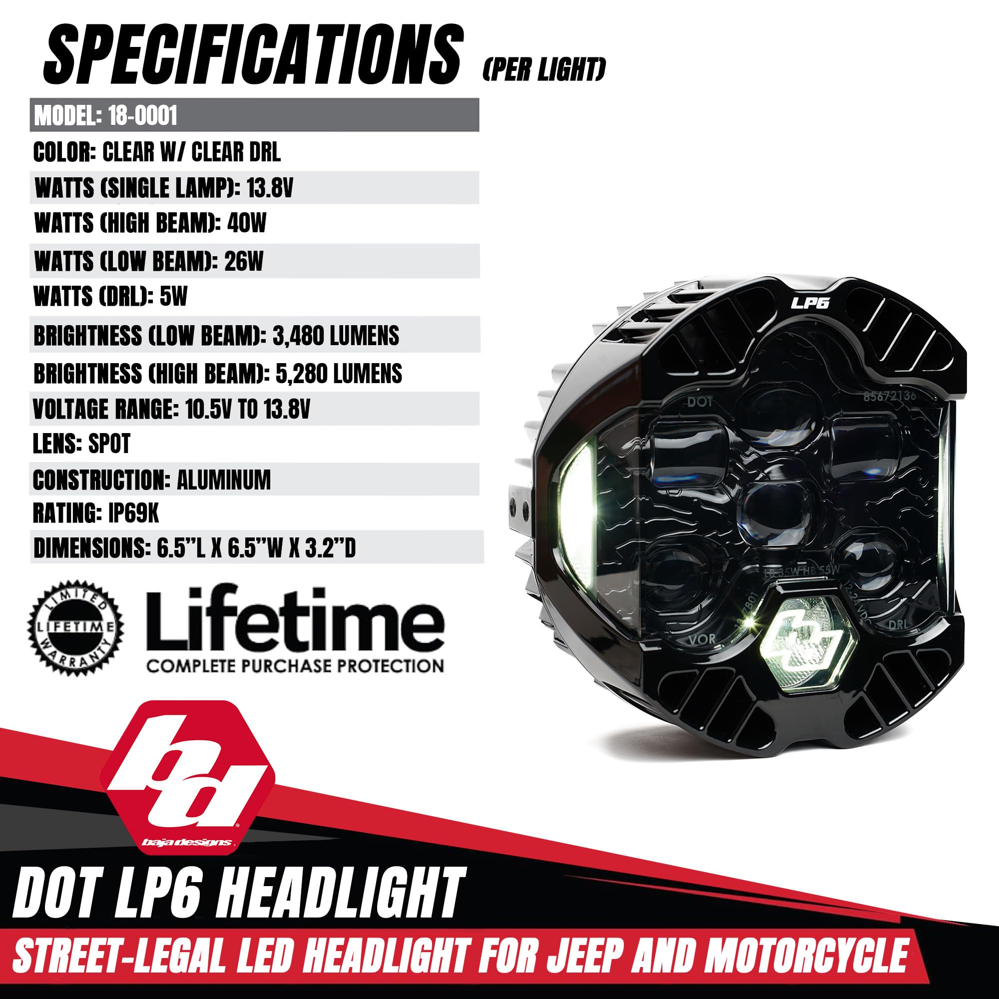 Baja Designs LP6 DOT SAE 6.5" Road-Legal LED Headlight – High/Low Beam Functionality with Clear DRL - Universal Fit for Motorcycle, Jeep, & Off-Road (Single)