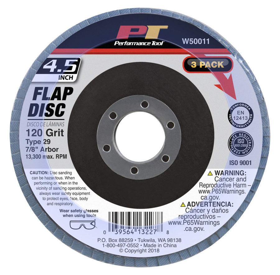 W50011 Performance Tool 4.5-Inch 120 Grit Flap Disk 3 Pack - High-Performance Sanding and Grinding Wheels for Metal, Woodworking, and More