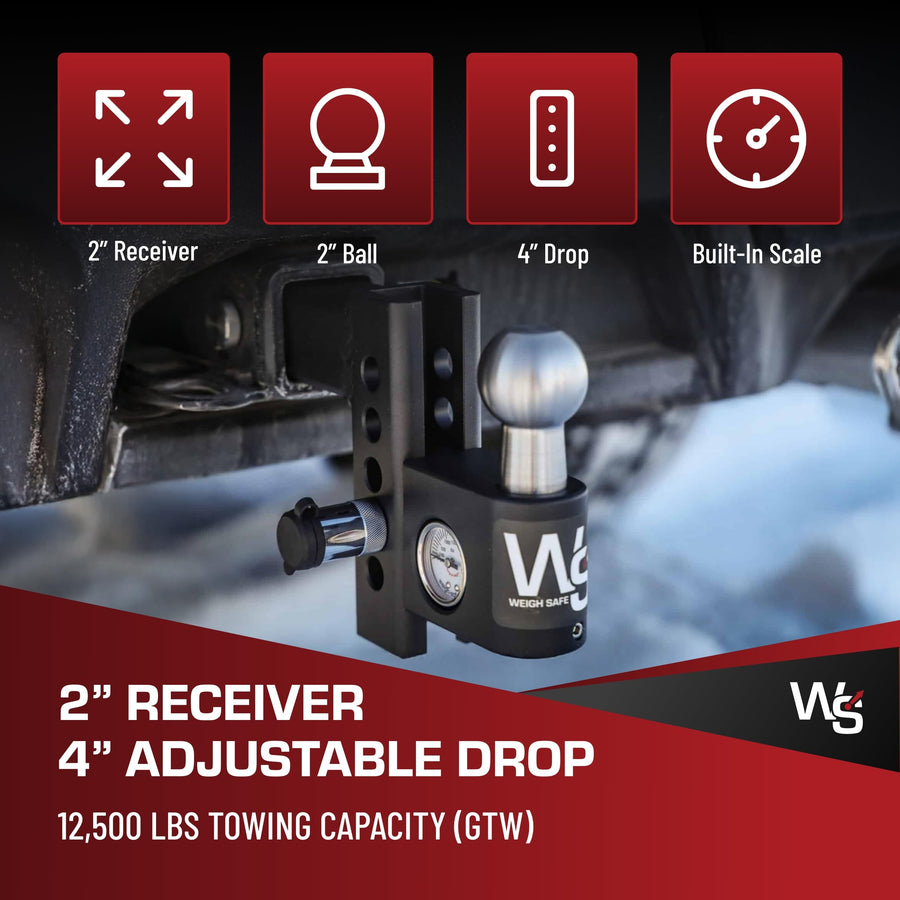 Aero Hitch Weigh Safe - Adjustable Trailer Hitch Ball Mount - 4" Drop Hitch for 2" Receiver - Premium Heavy Duty Steel Trailer Tow Hitch w/Built in Weight Scale for Anti Sway, 12,500 lbs GTW