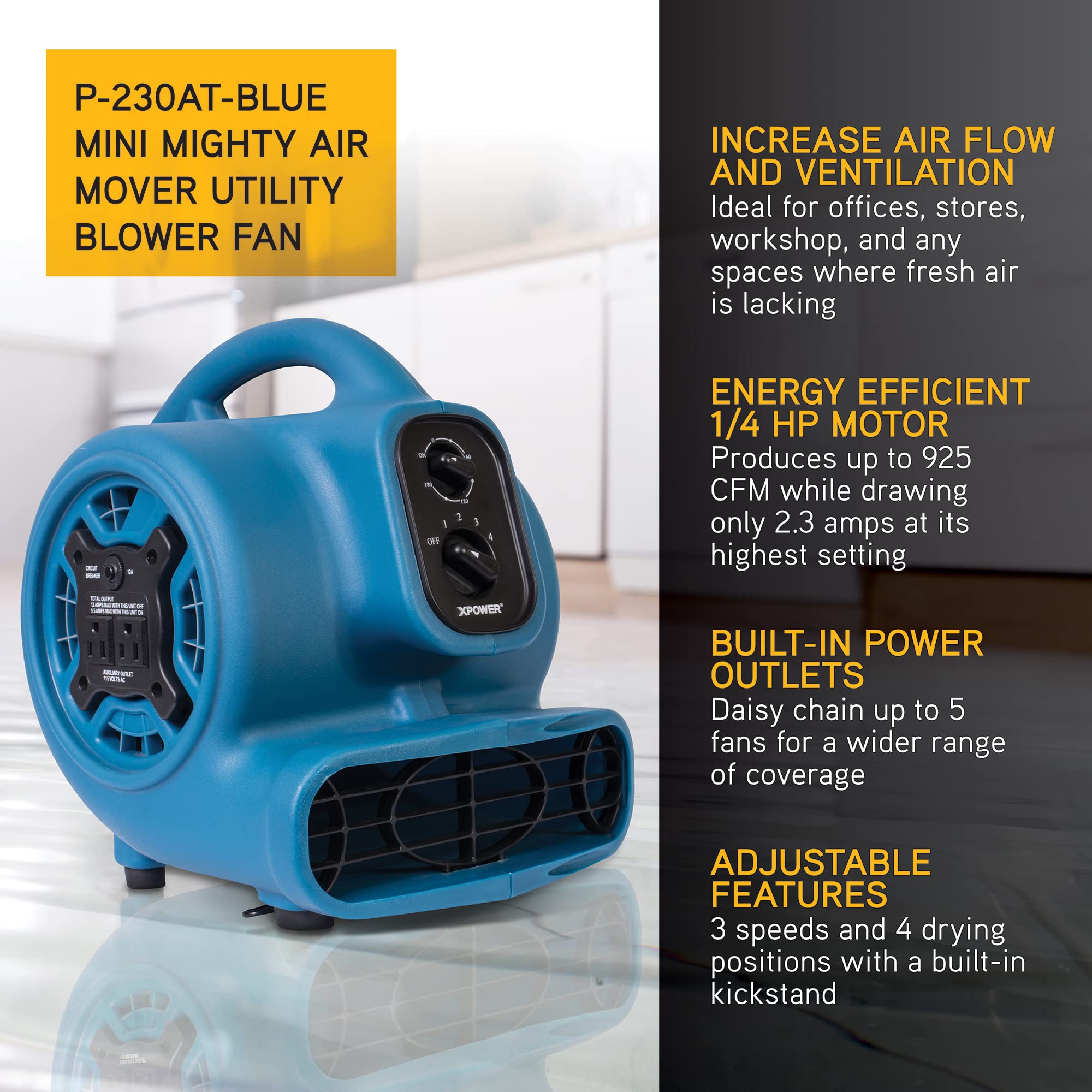 Mini Mighty XPOWER P-230AT 1/4 HP 925 CFM Centrifugal Air Mover, Carpet Dryer, Floor Fan, Blower, Stackable, Daisy Chain, for Water Damage Restoration, Janitorial, Plumbing, Home Use