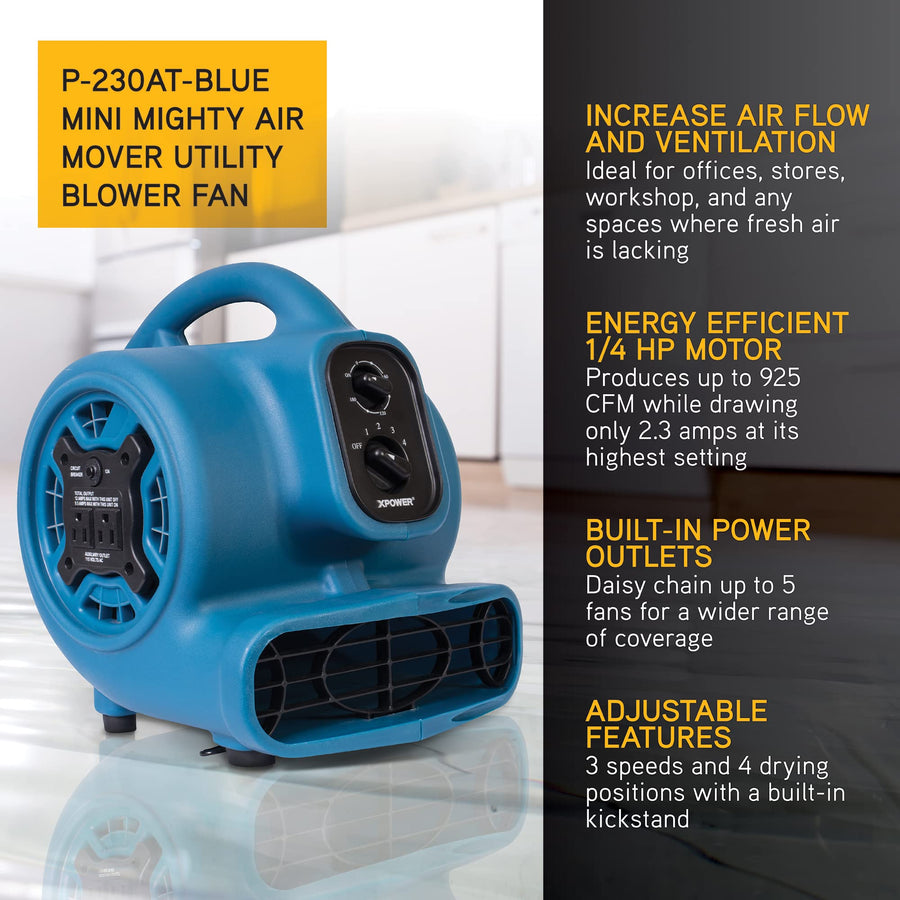 Mini Mighty XPOWER P-230AT 1/4 HP 925 CFM Centrifugal Air Mover, Carpet Dryer, Floor Fan, Blower, Stackable, Daisy Chain, for Water Damage Restoration, Janitorial, Plumbing, Home Use