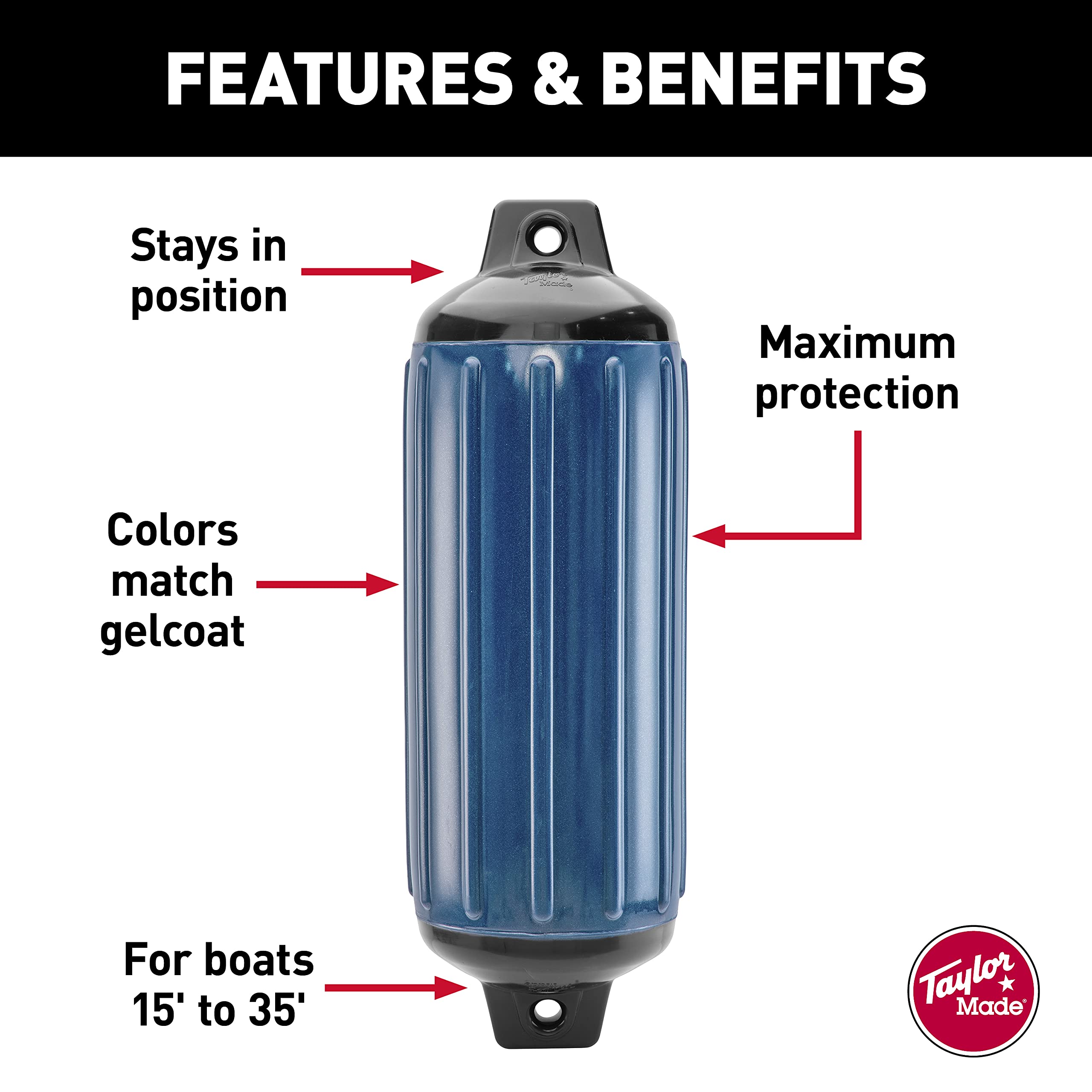 Taylor Made Super Gard Boat Fender, Navy Captain's (6.5" x 22") Double-Molded Ends, Ribbed Technology to Minimize Roll, Rubber Football Needle Inflation Valve, Marine-Grade Vinyl - 957622