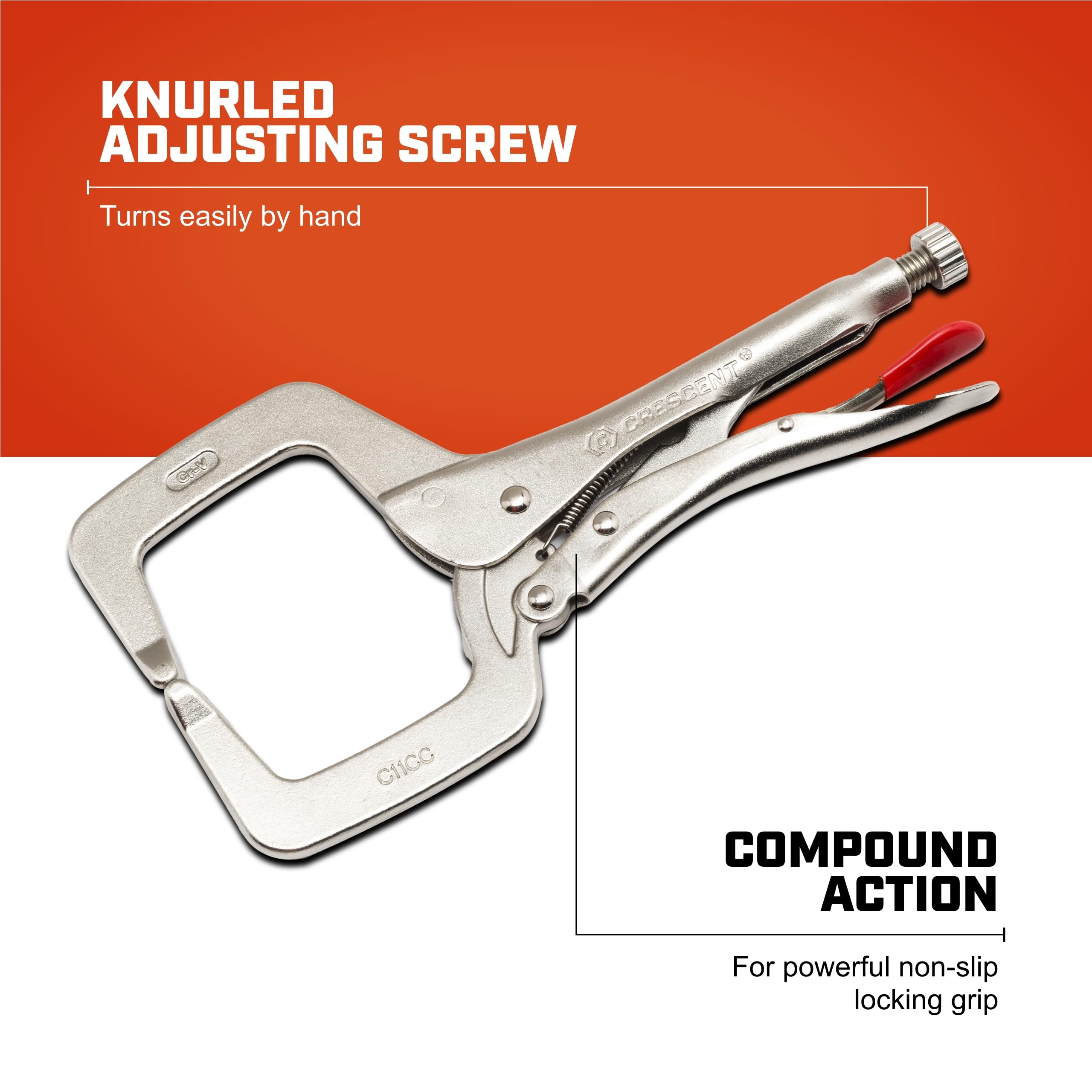 Crescent C-Clamp Locking - Heavy-Duty, Adjustable Metal Clamp with Compound Action & Hex Key Receiver - C11CCVN - 11", Red