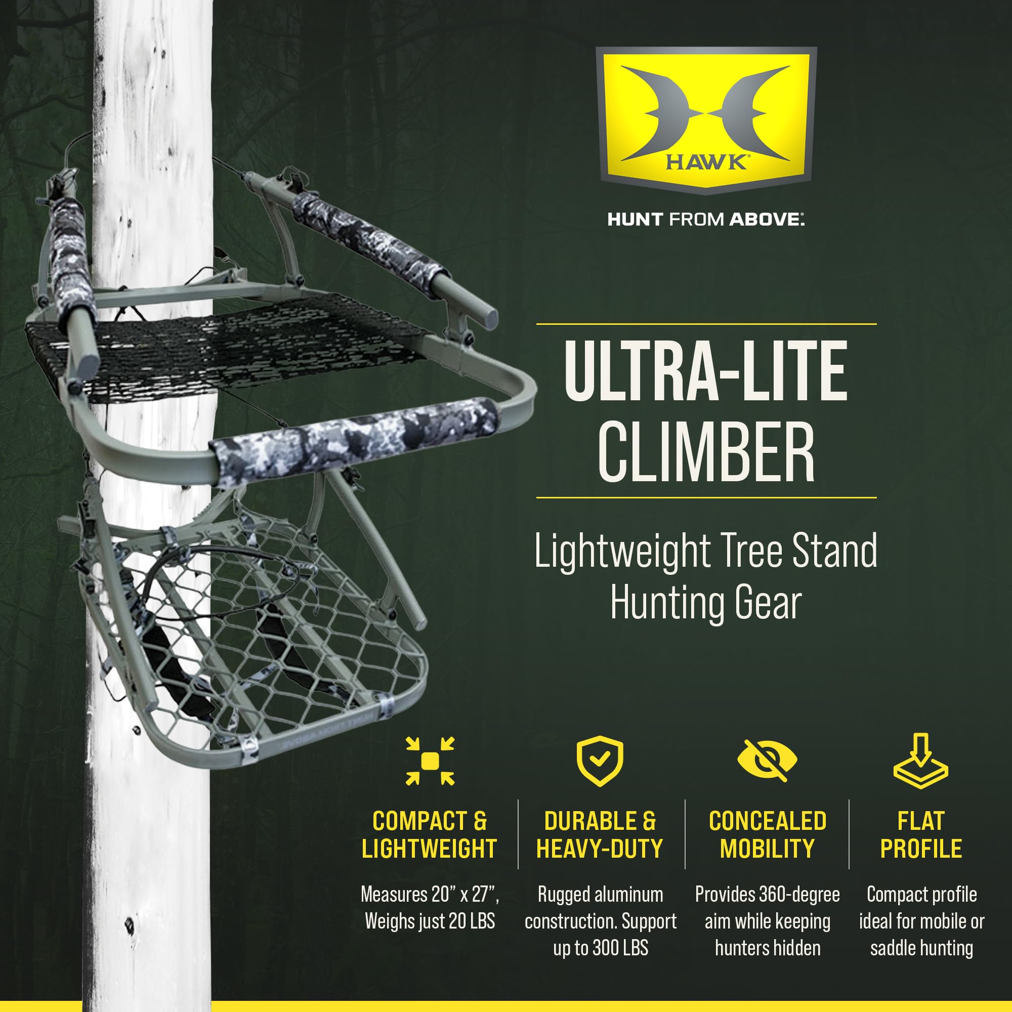 Ultra-Lite Hawk Climber, Hang-On Tree Stand Hunting Gear with Memory Foam Seat, All-Welded Platform, Foot Rest for Mobile Hunters, 38.75 x 23.25 Inch
