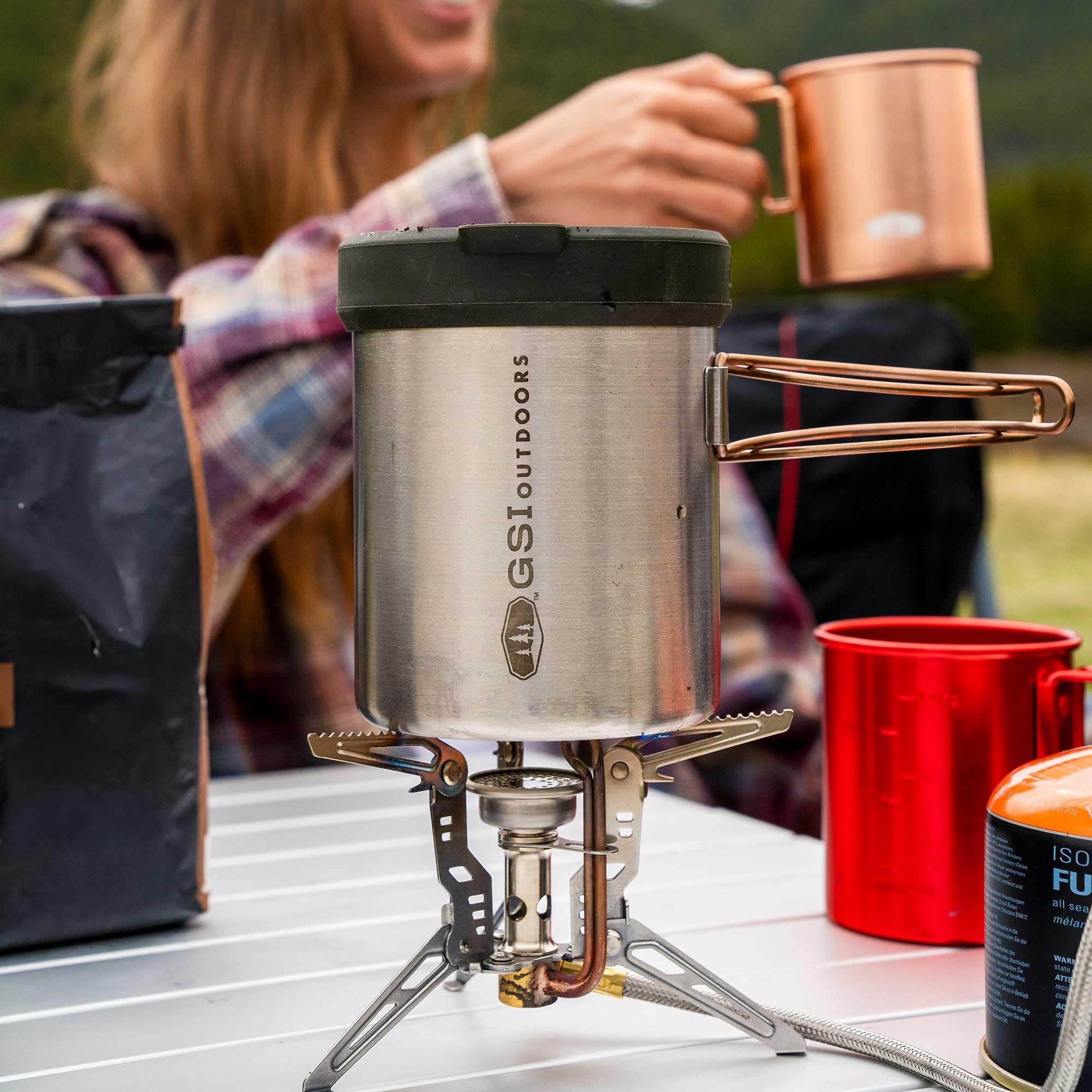 GSI Outdoors Personal Glacier Javapress Stainless Steel Press Mug with Folding Handles and Pour-Through Lid – Brews 22 fl. oz.