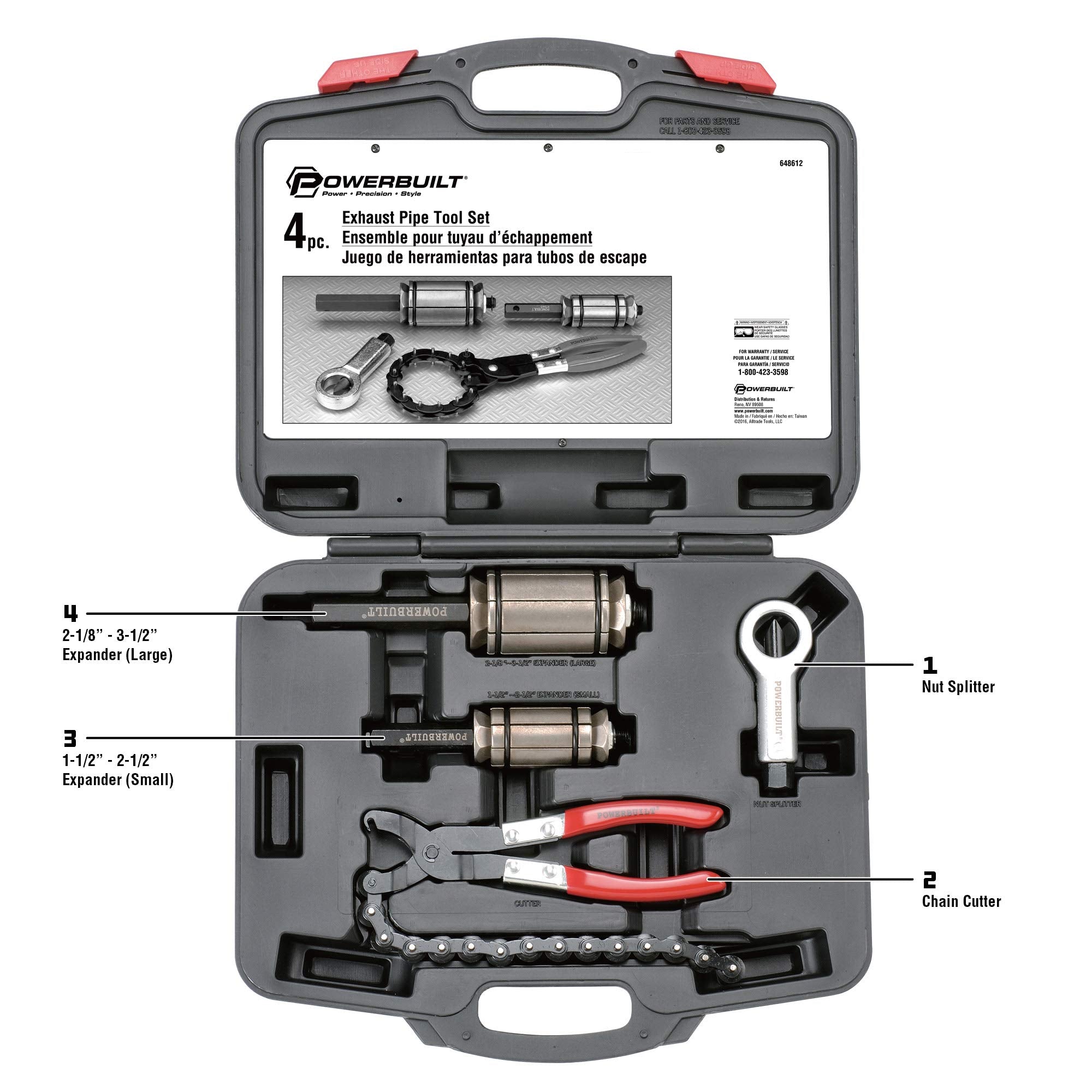 Powerbuilt 4 Piece Tool Set Exhaust Pipe, Repair Tailpipes, Expanders, Removing Dents, Chain Cutter, Nut Splitter, Import and Domestic Vehicles 648612