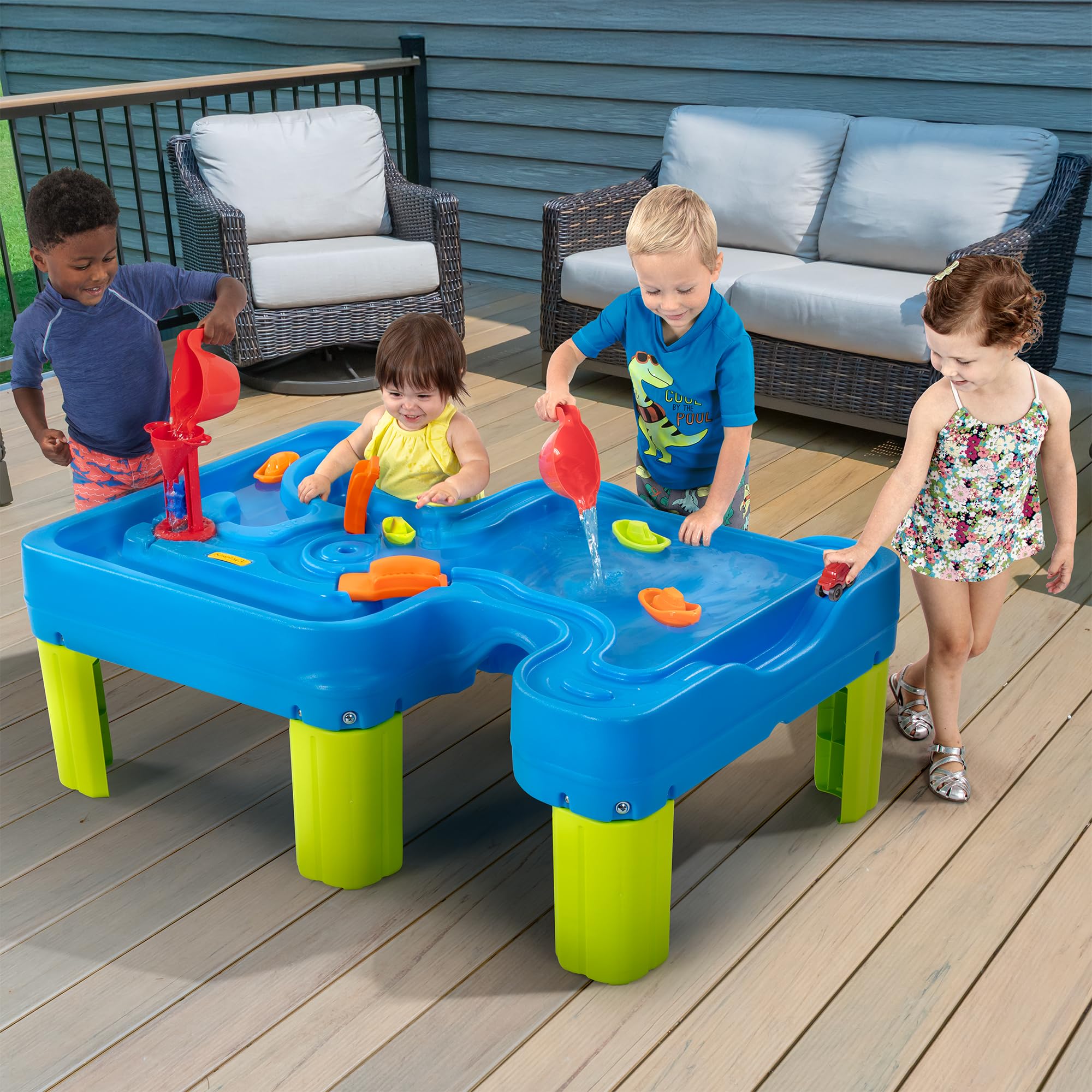 Simplay3 Water Play Table Big River and Roads, Outdoor Activity Table with Track Toys for Toddlers and Kids, 9 Accessories Included, Made in USA