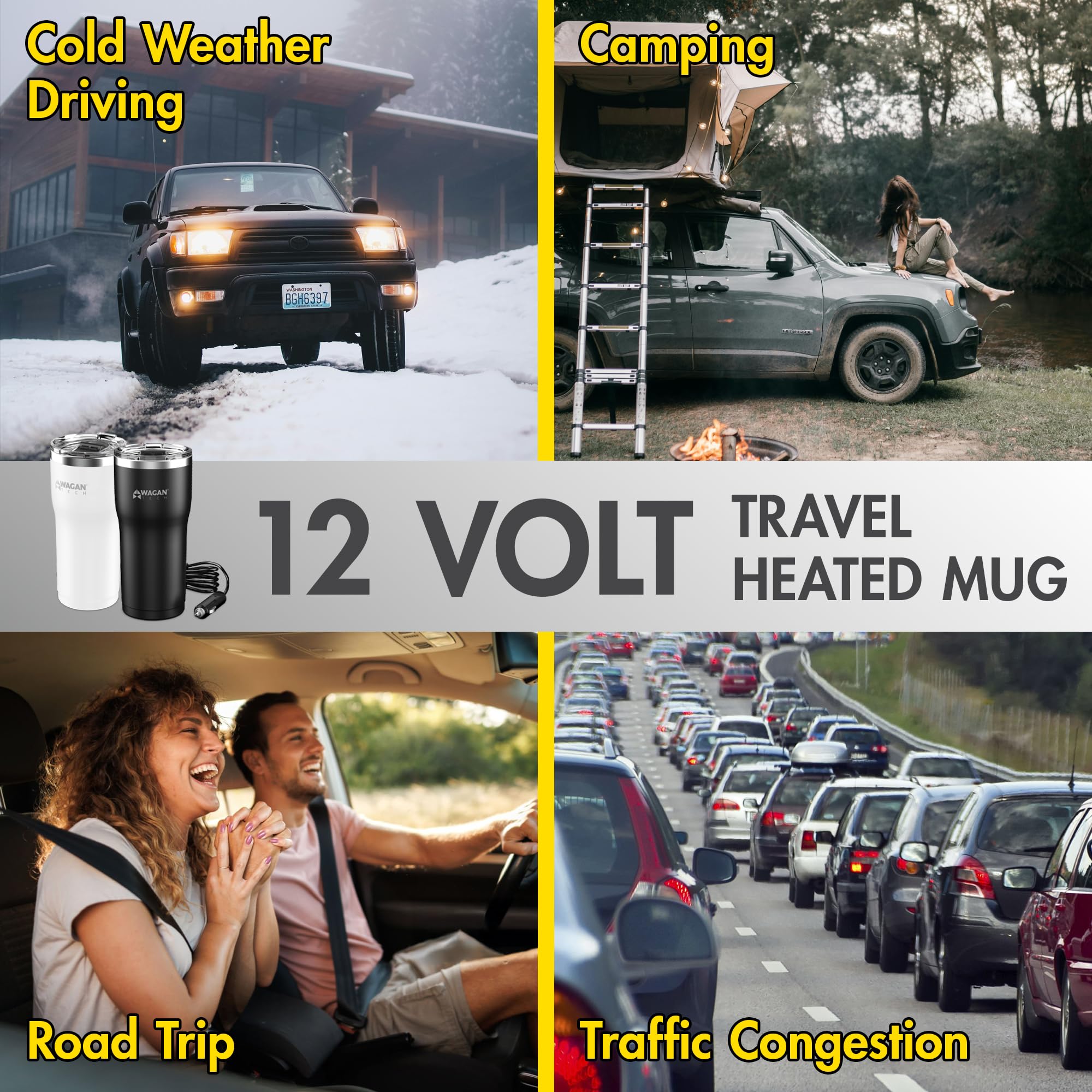 Wagan 12V Travel Car Heated Mug Portable 16oz Stainless Steel Anti-Spill Lid Slip Resistant Base Car Coffee Warmer Coffee Cup USB–C PD20W 12V DC (Black)