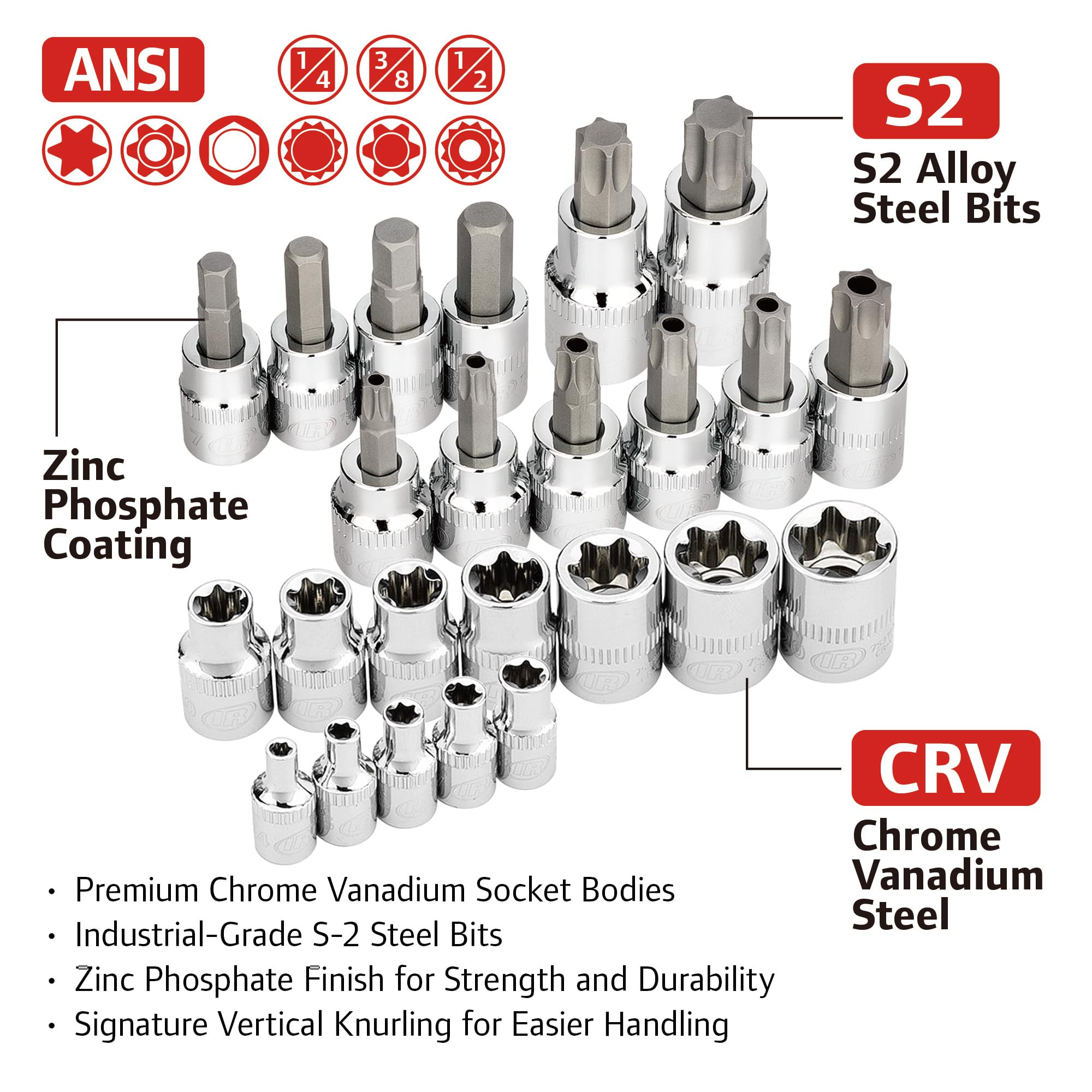 Ingersoll Rand Master 66-Piece Torx and Specialty Bit Socket Set – S2 Steel Bits, Chrome Vanadium Socket Bodies, Vertical Knurling, EVA Tray with Size Markings – 752003