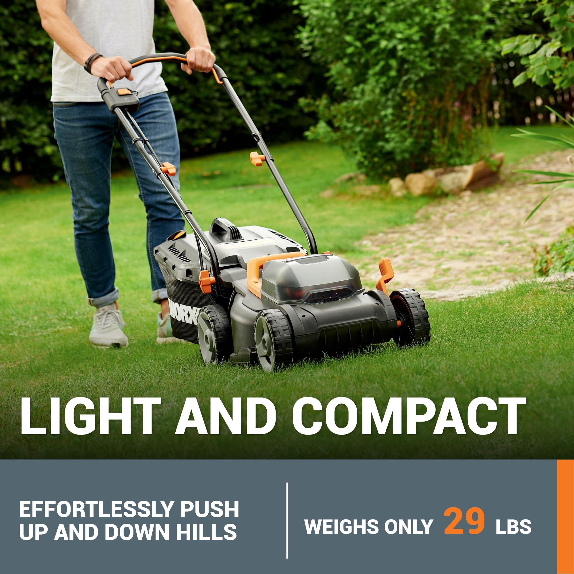 14" WORX Cordless Lawn Mower, 2 in 1 Electric Mower Cuts Quietly, Compact & Lightweight Push Lawn Mower with 6-Position Height Adjustment for Small Yards, 2 Batteries & Charger Included, WG779