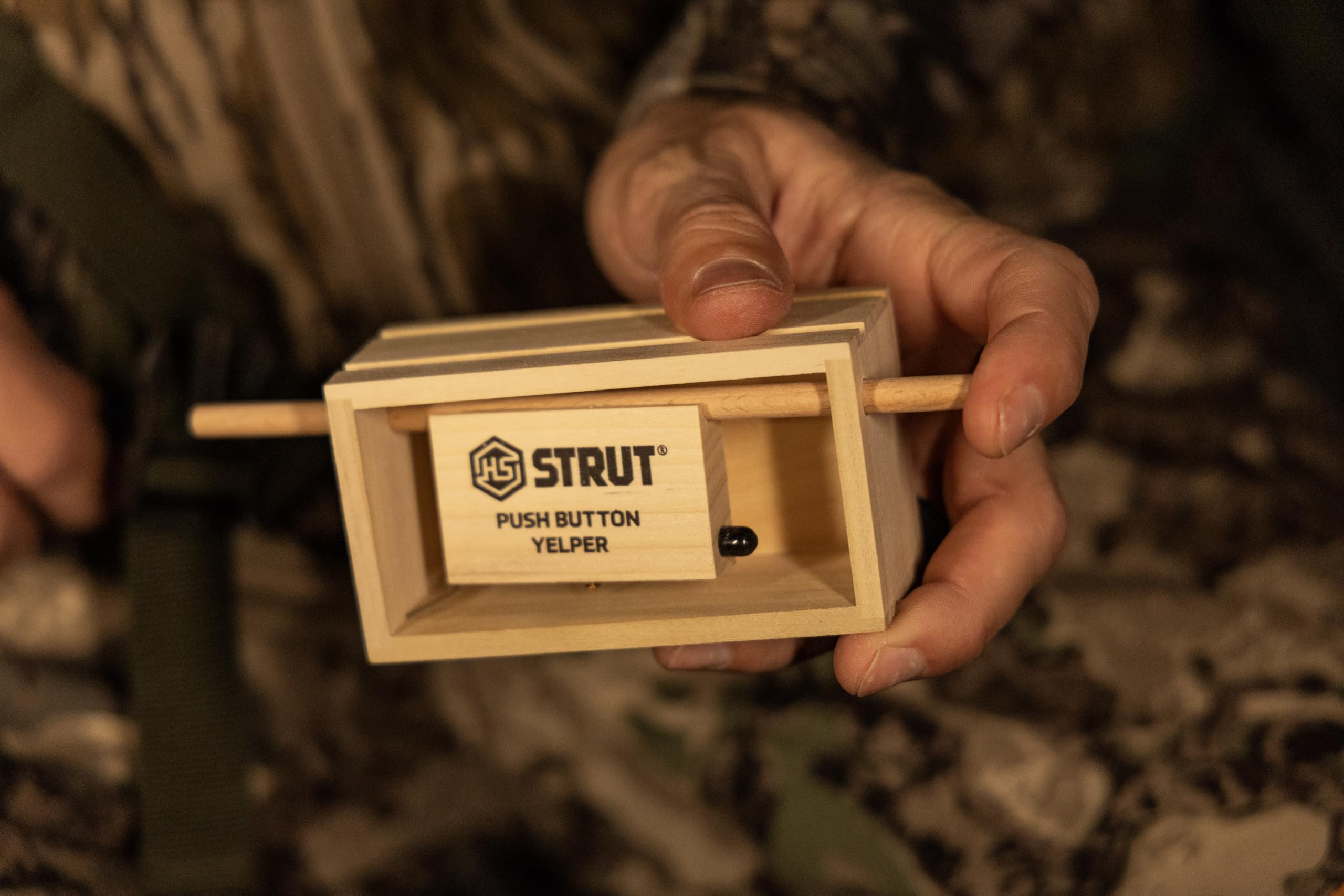 HS Strut HUNTERS SPECIALTIES Push Button Yelper Poplar Walnut Hand Tuned Compact Hunting Realistic Soft Clucks Purrs Tree Talk Wild Turkey Call Brown