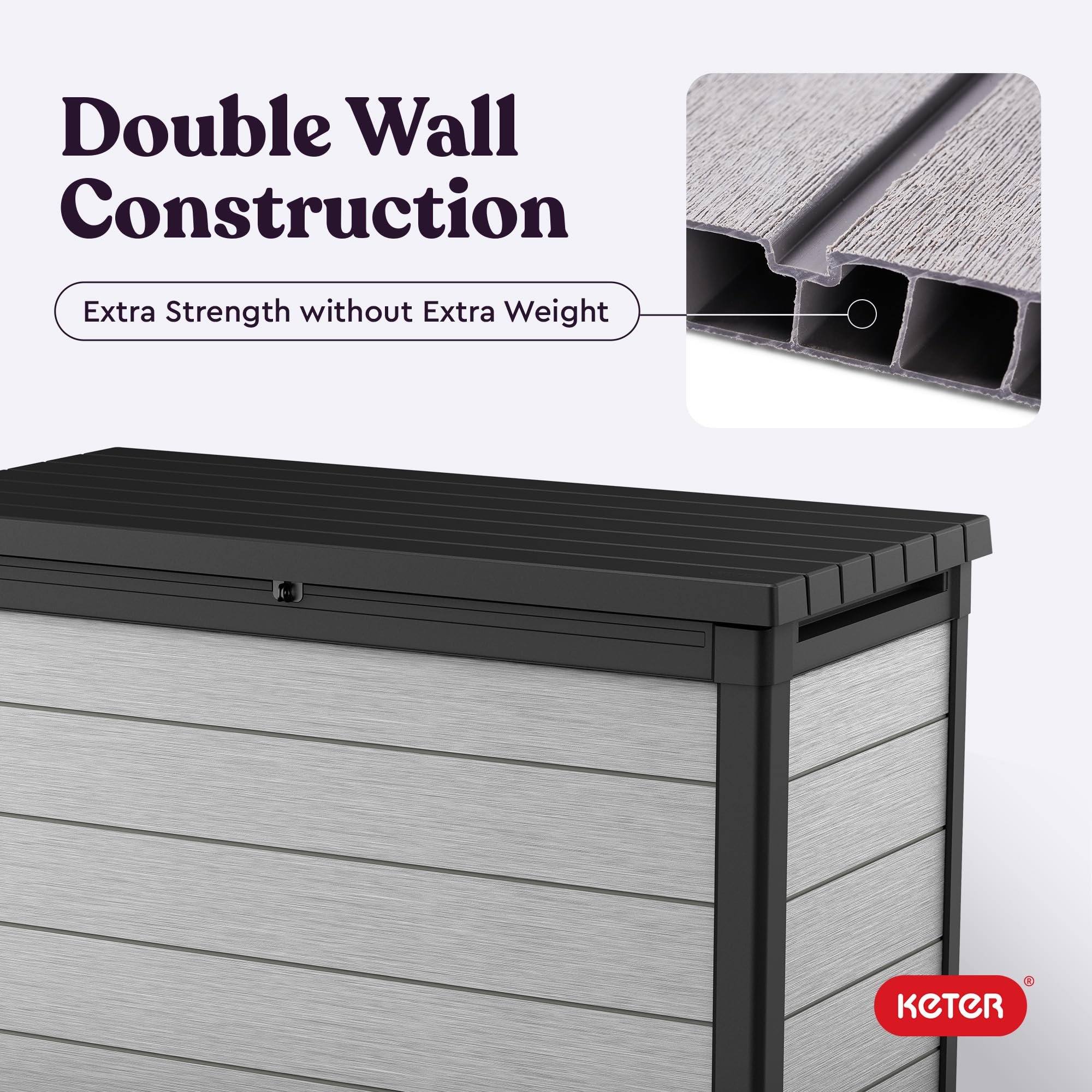 Keter 200 Gallon Denali Resin Large Deck Box with Double Wall 20mm Panels - Paintable and Drillable-Organization and Storage for Patio Furniture and Outdoor Items, Grey & Black