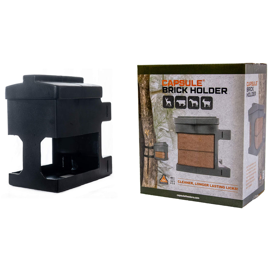 Brick Holder Capsule Feeders for up to Four, 4 lb Salt, Mineral, and Attractant Bricks with Mounting Straps, Black