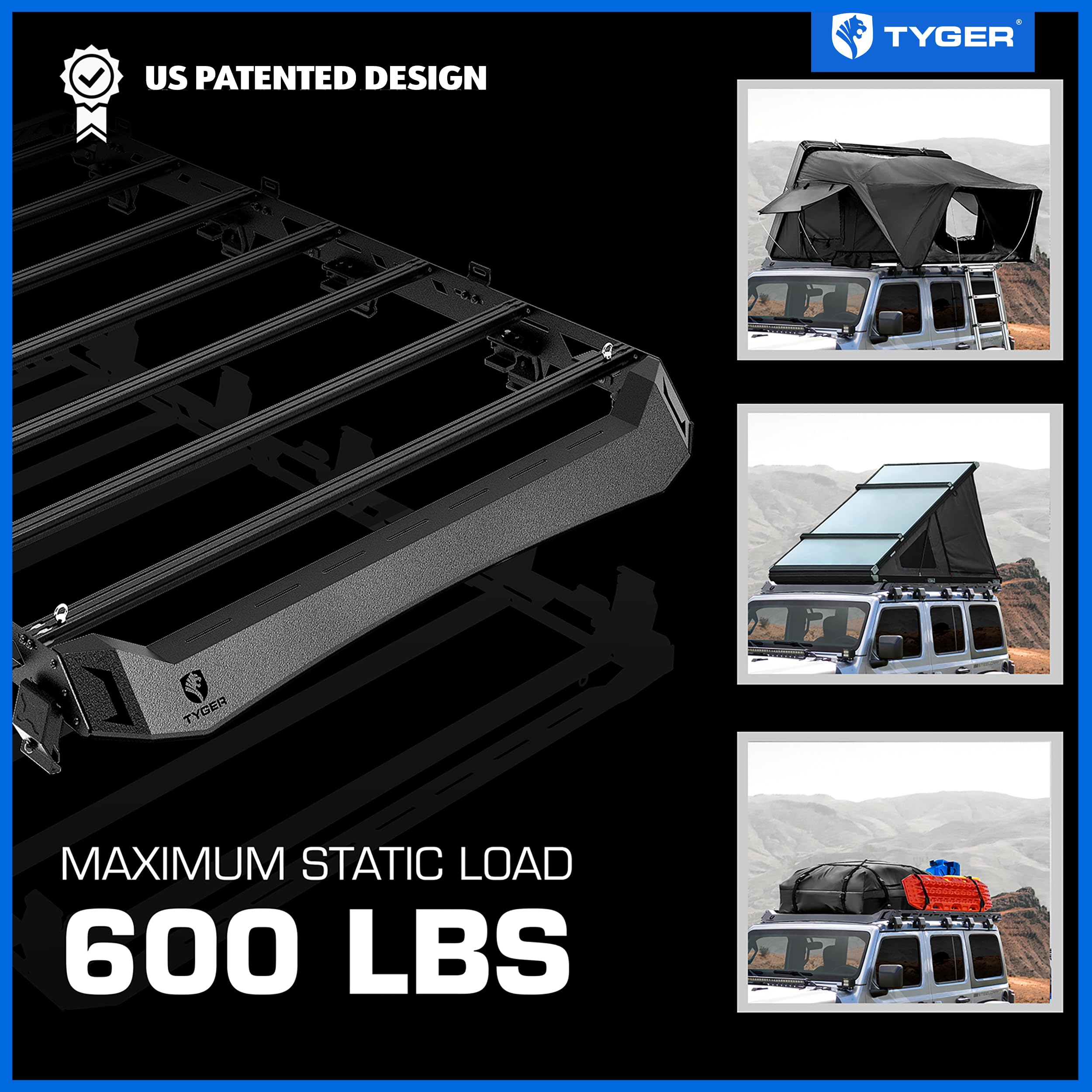 Tyger Auto Roof Rack Platform Style Compatible with 2018-2026 Jeep Wrangler JLU 4 Doors (Not for JKU) | for Models with Hard Top | Cargo Storage Carrier | Paintable Accent Inserts | TG-RR1J33558