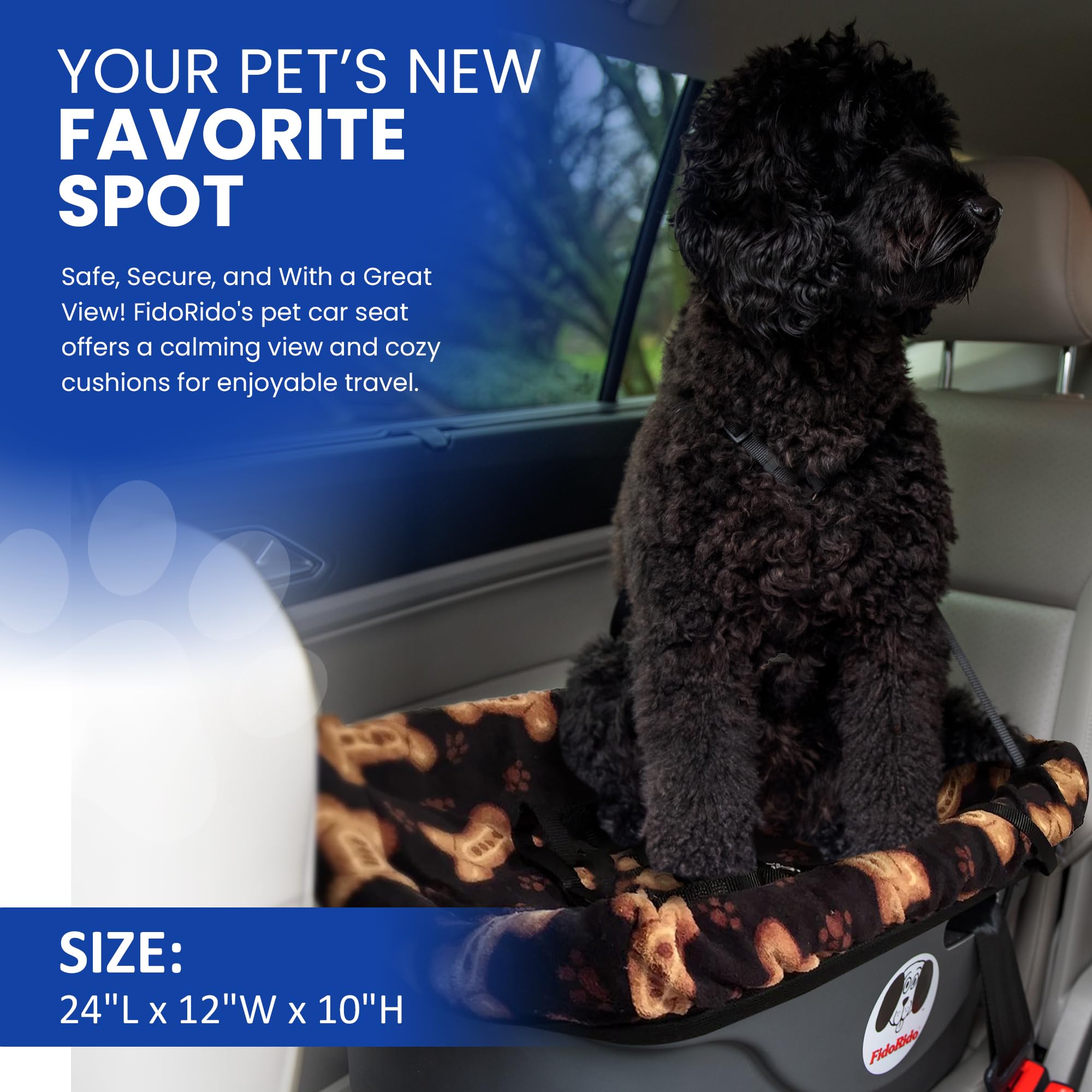 Dog Car Seat FidoRido - Booster Seat for Small to Large Dogs with Comfortable Cushions, Sherpa Cover, and Safety Straps, Easy to Install, Ideal for Travel, Black with Tan Bones - Medium Harness