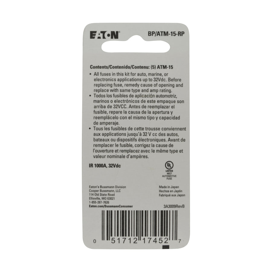 Bussmann 15 Amp Fast Acting Mini-Fuse BP/ATM-15, Blue