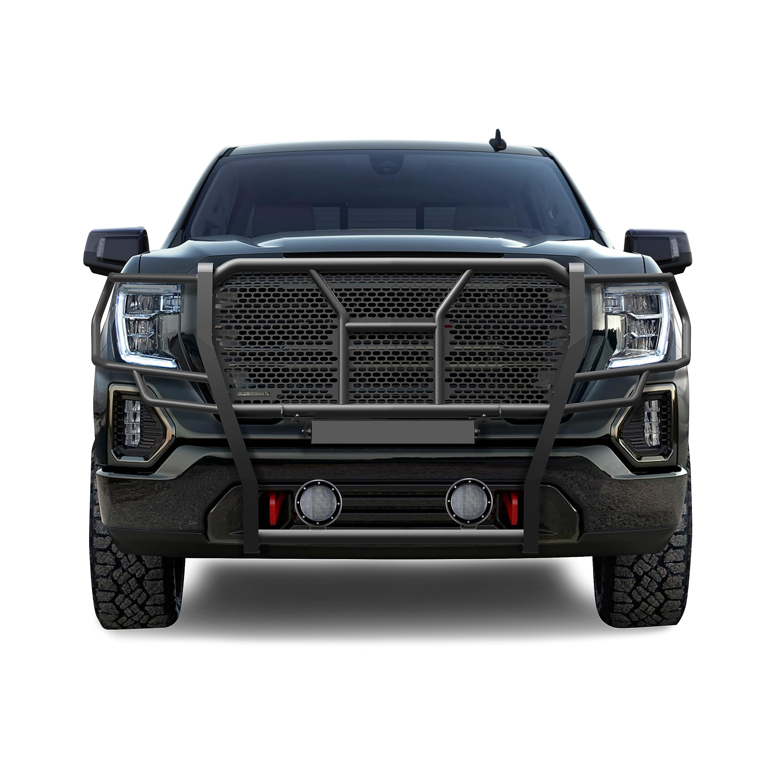 Heavy Duty Black Horse Rugged Grille Brush Bumper Guard Modular Black Come with Pair of 5.3" Dia.LED Lights with Black Trim Rings Compatible with 2019-2021 GMC Sierra 1500-RU-GMSI19-B-PLFB