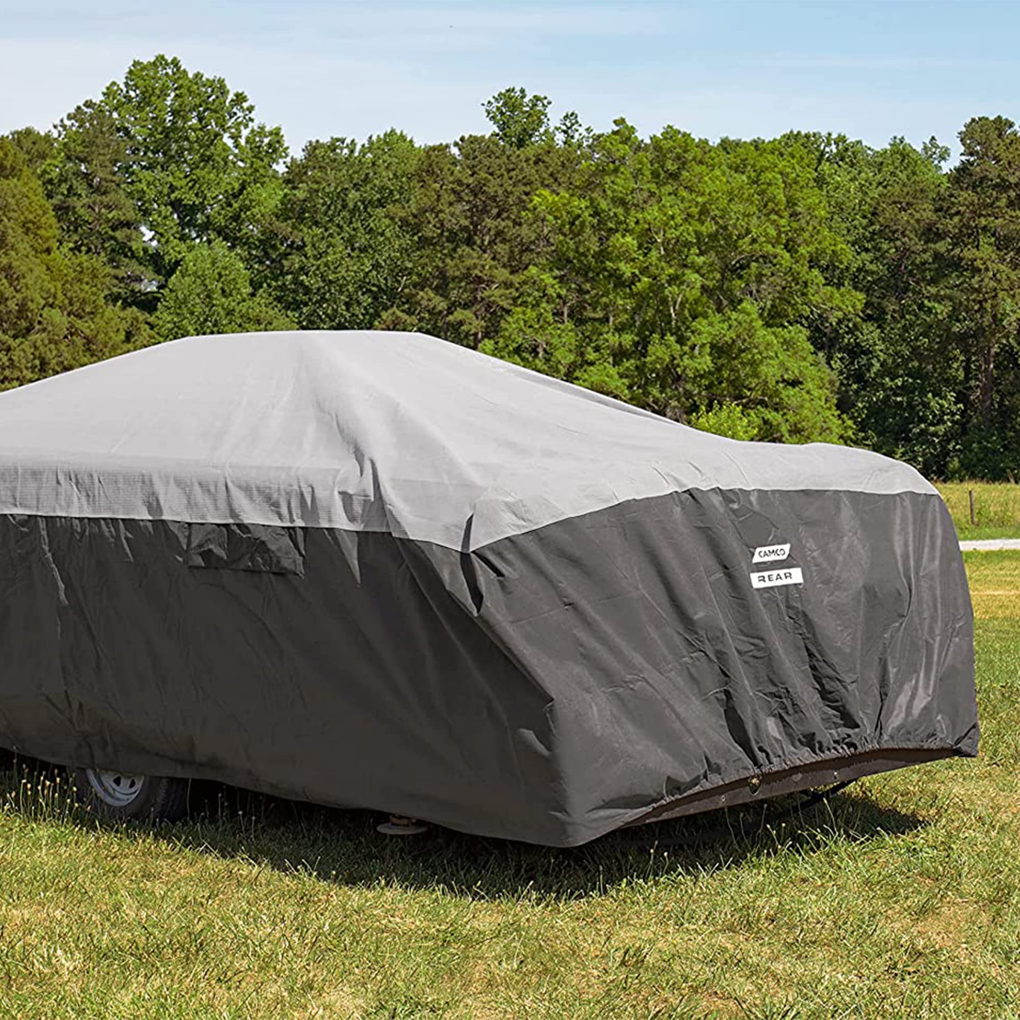 Camco 12-14-Ft ULTRAGuard Pop-Up Camper/RV Cover - Features Covered Air Vents & Cinching Straps - Crafted of Spunbond Polypropylene - Includes Storage Bag for RV Storage and Organization (45763)
