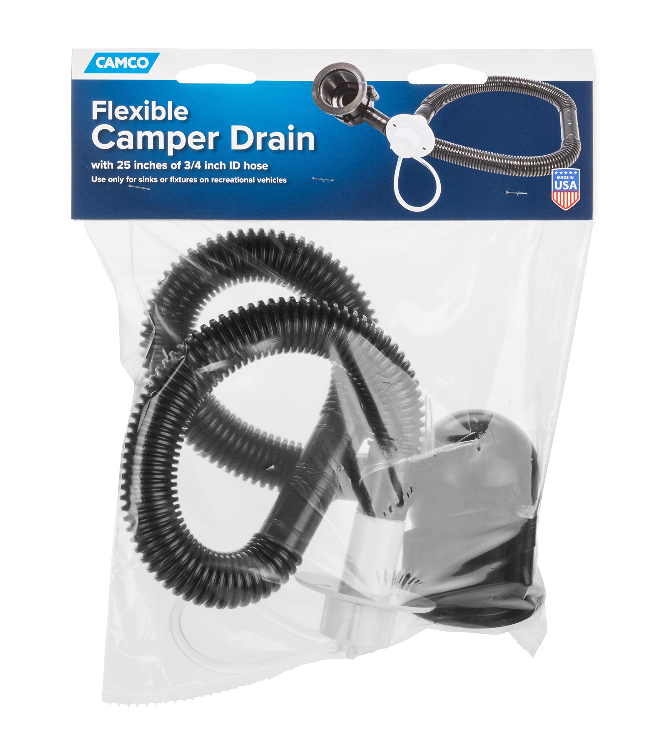 Camco Drain Flexible Camper/RV | Designed for Campers w/Single Sink and No Holding Tanks | Includes 25” of ¾-Inch ID Hose | Crafted of Heavy-Duty Chemical-Resilient Polymer (37420)