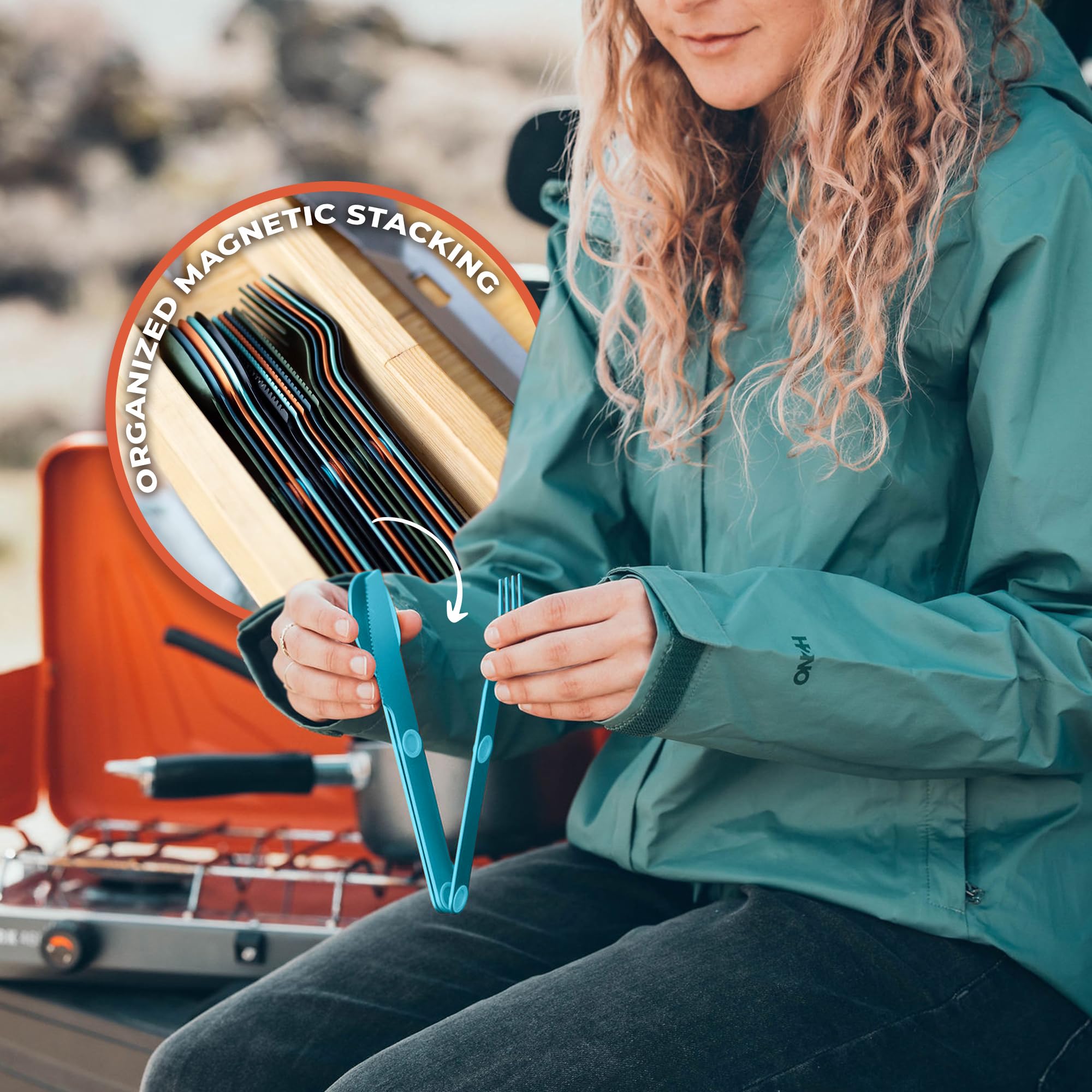 MAGWARE – FULL WINDSOR Magnetic Camping Cutlery Set- Travel Silverware with case, Kids Lunch Box Set, Outdoor Flatware Utensils, Portable Repurposable Essentials Knife, Fork & Spoon- Turquoise (3PCS)
